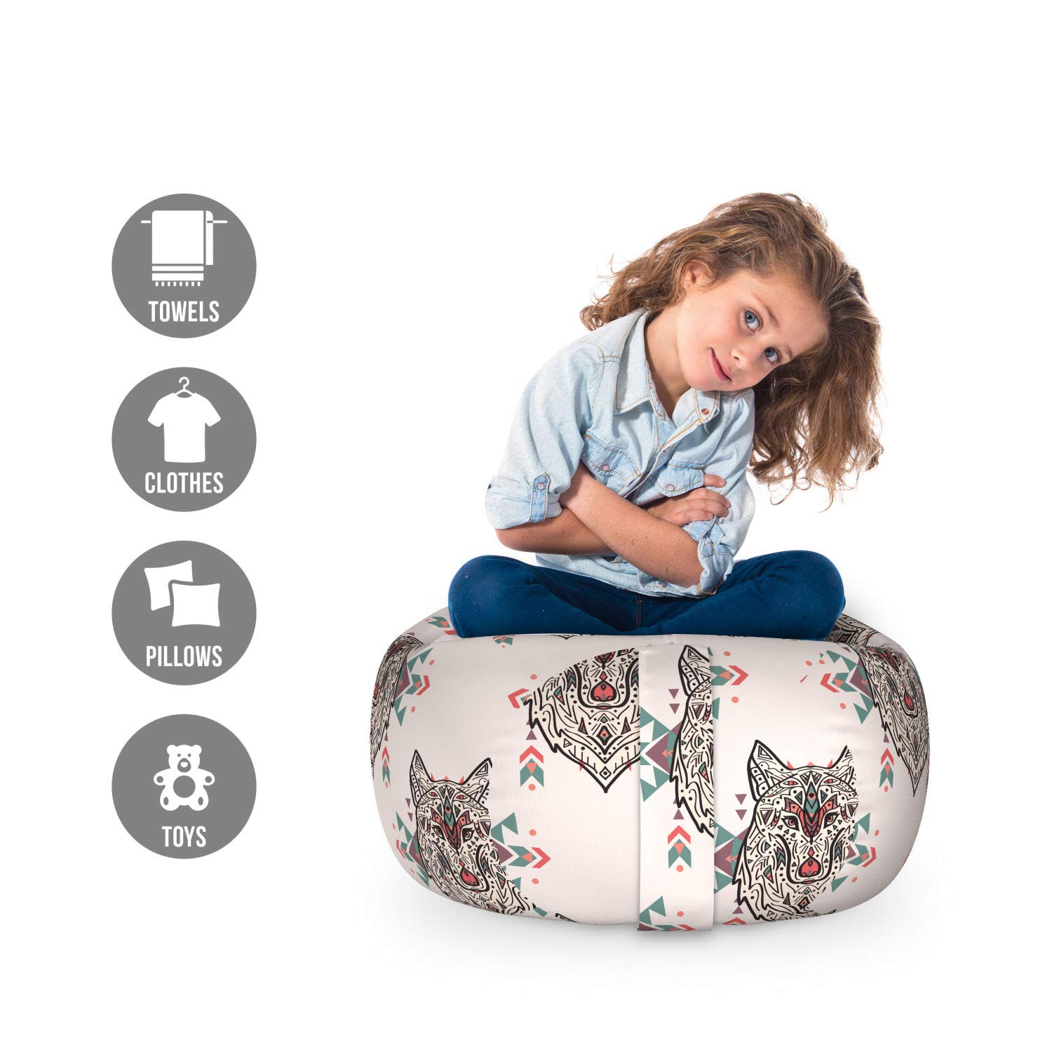 Ambesonne Dog Lover Storage Toy Bag Chair - Wolf Pattern Geometric Design Stuffed Animal Organizer Washable Small Pet Toy Storage Bag in Ivory Grey - Perfect for Kids' Room, Nursery, or Pet Play Area Organization