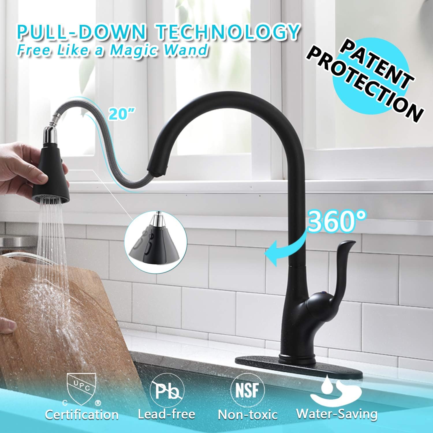 APPASO Matte Black Commercial Kitchen Faucet with Pull Down Sprayer & Soap Dispenser - High Arc Single Handle Pull Out Spray Head Sink Faucet with Deck Plate for Modern Kitchens, Restaurants & Food Service Areas
