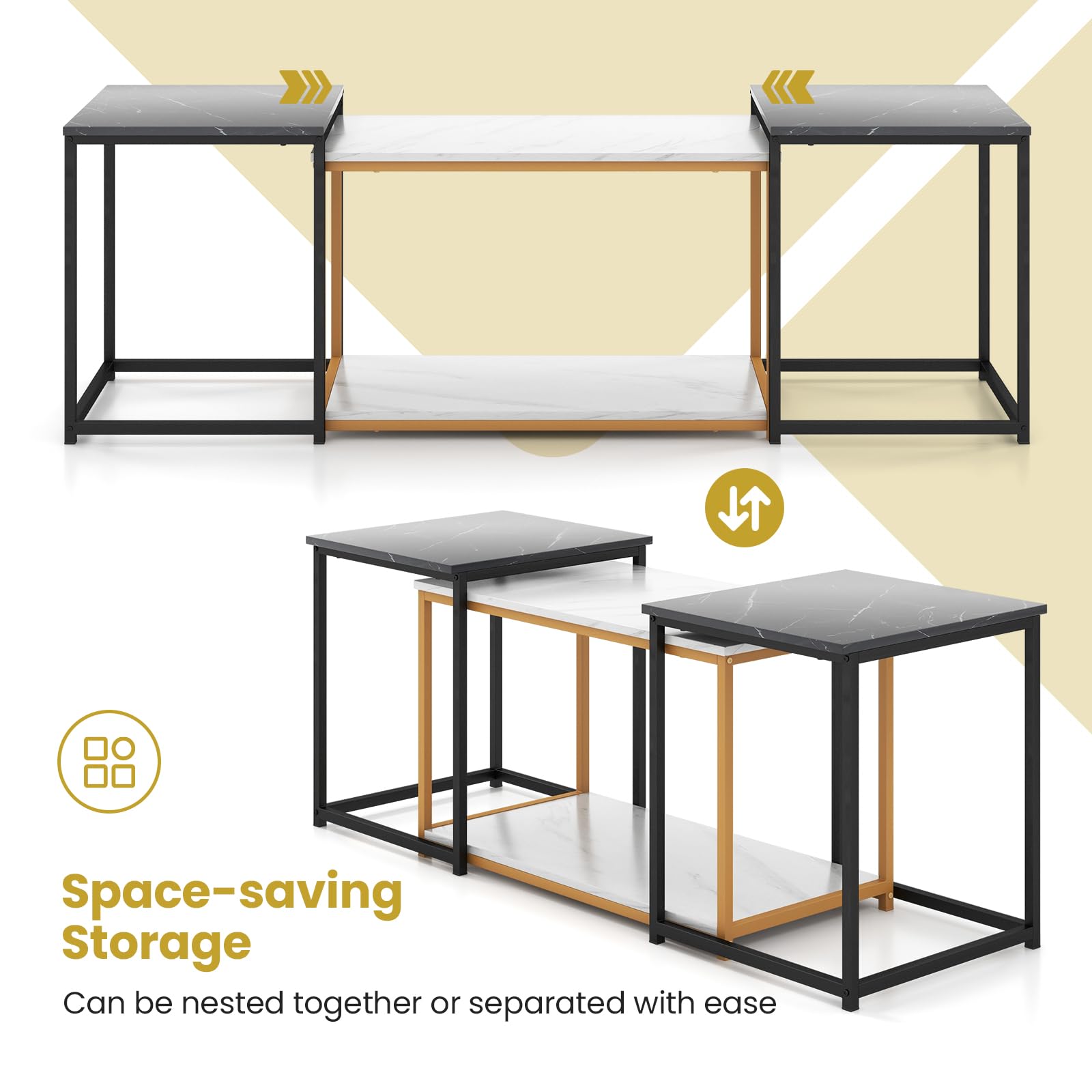 COSTWAY 3-Piece Nesting Coffee Table Set with Faux Marble Top & Heavy-Duty Metal Frame - Modern Rectangular End Tables for Small Spaces, Living Room, Bedroom | Perfect for Sofa Side Tables, Coffee Table Decor & Compact Home Furniture