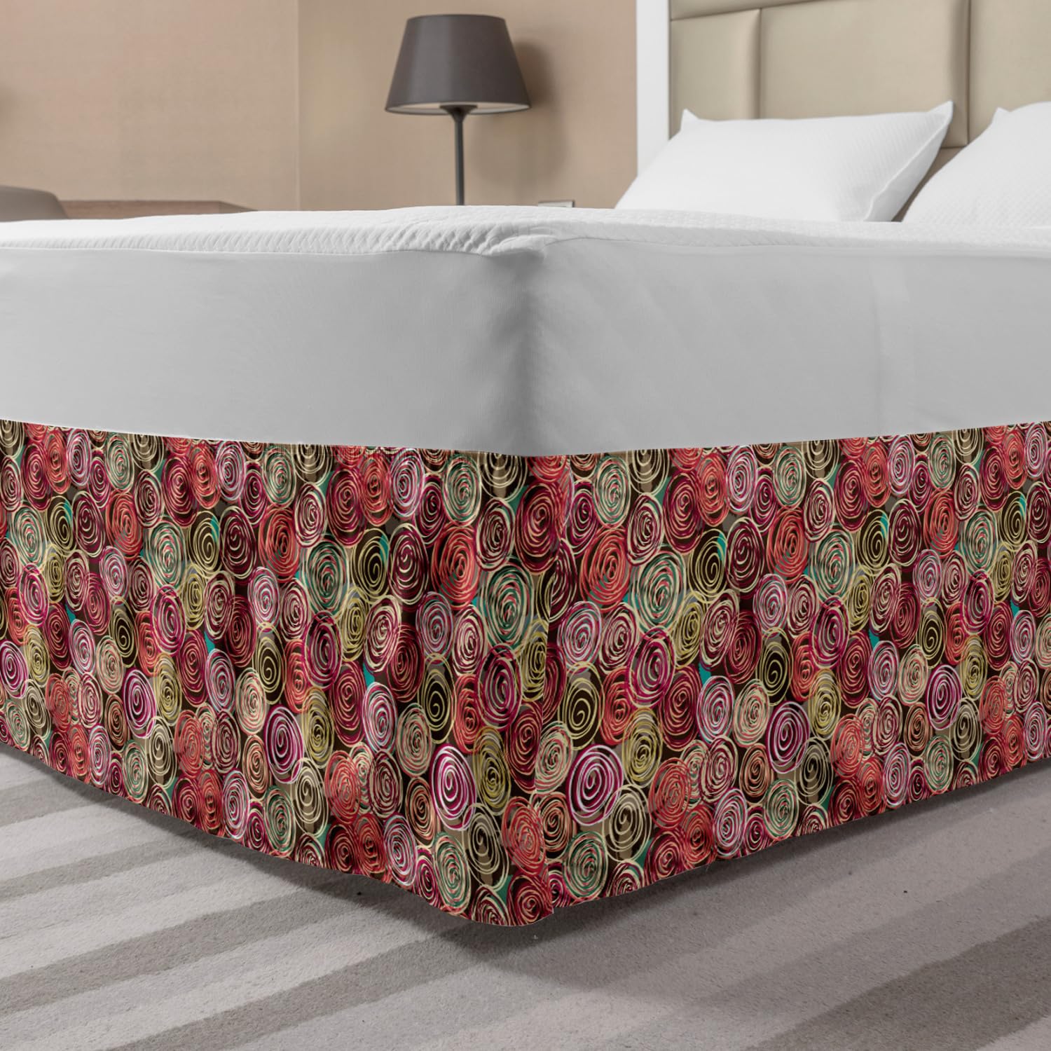 Ambesonne Abstract Floral Elastic Bed Skirt - Queen Size Wrap Around Dust Ruffle with Vortex Design for Valentines Day | Surreal Nature Scenes in Multicolor | Perfect for Bedroom Decor & Home Styling
