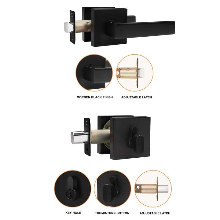 Probrico Modern Square Flat Black Passage Door Lever & Single Cylinder Deadbolt Combo Set - Exterior Door Handleset with 3-Pack Security Lock - Perfect for Home, Office & Commercial Entrance Doors