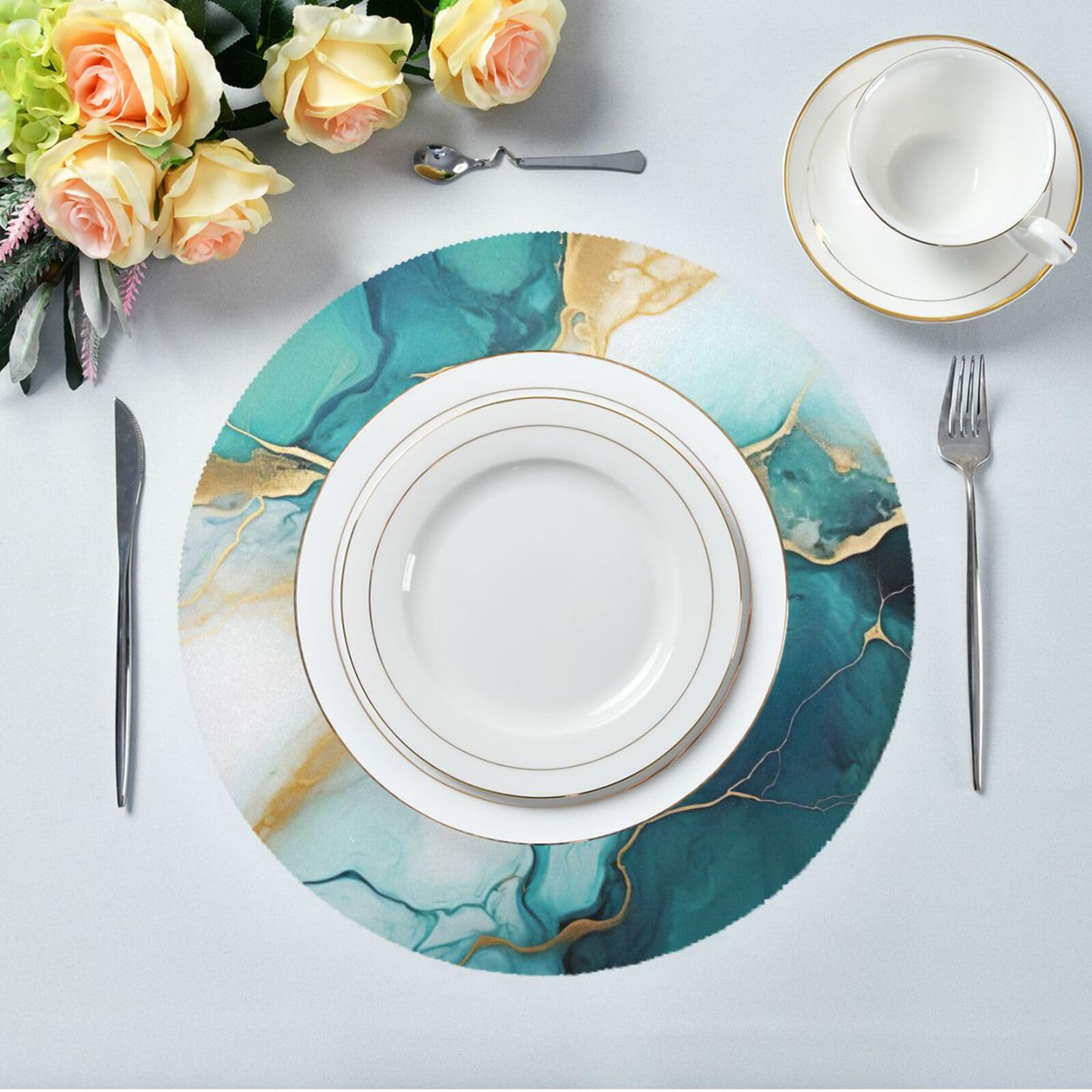 ATTX Round Placemats for Dining Table - 4 Pack Marble Pattern Non-Slip Kitchen Table Mats, Elegant Circle Placemats for Home Decor & Dinner Party Use