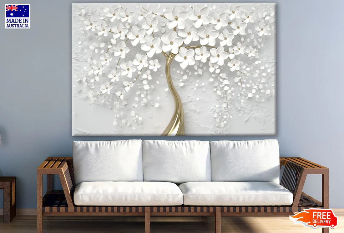 3D White & Gold Flower Tree Design Wall Art Print - 90x60cm - 100% Australian Made - Perfect for Living Room, Bedroom & Office Decor