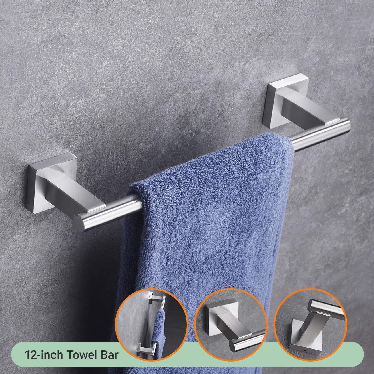 Hoooh 4-Piece Brushed Stainless Steel Bathroom Accessories Set - Wall Mounted Double Towel Bar, Hand Towel Rack, Toilet Paper Holder & Robe Hooks (BS101S4-BN) - Modern Bathroom Organization for Home & Hotel Use