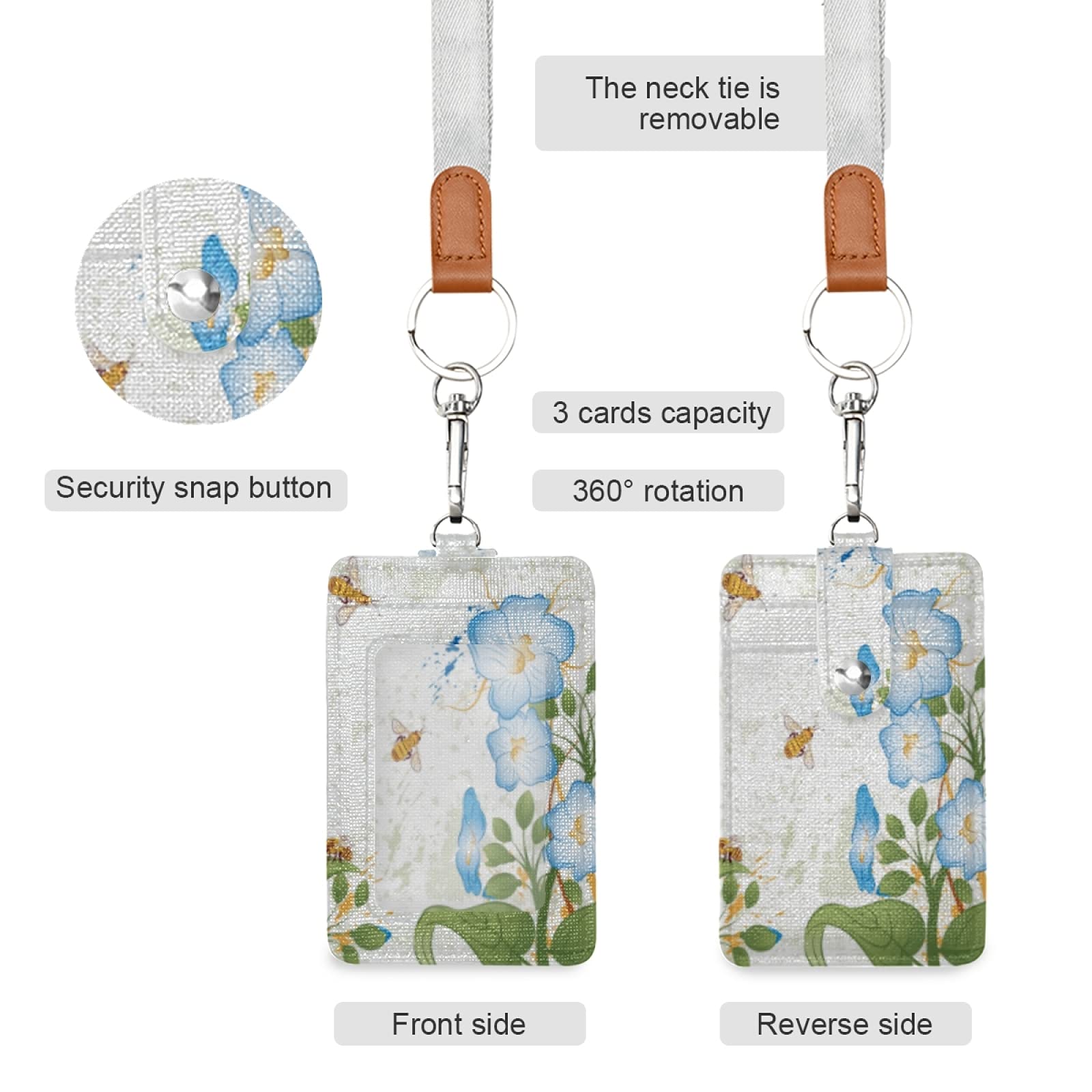 Floral Bee Leather ID Badge Holder with Lanyard - Office & School Staff Use