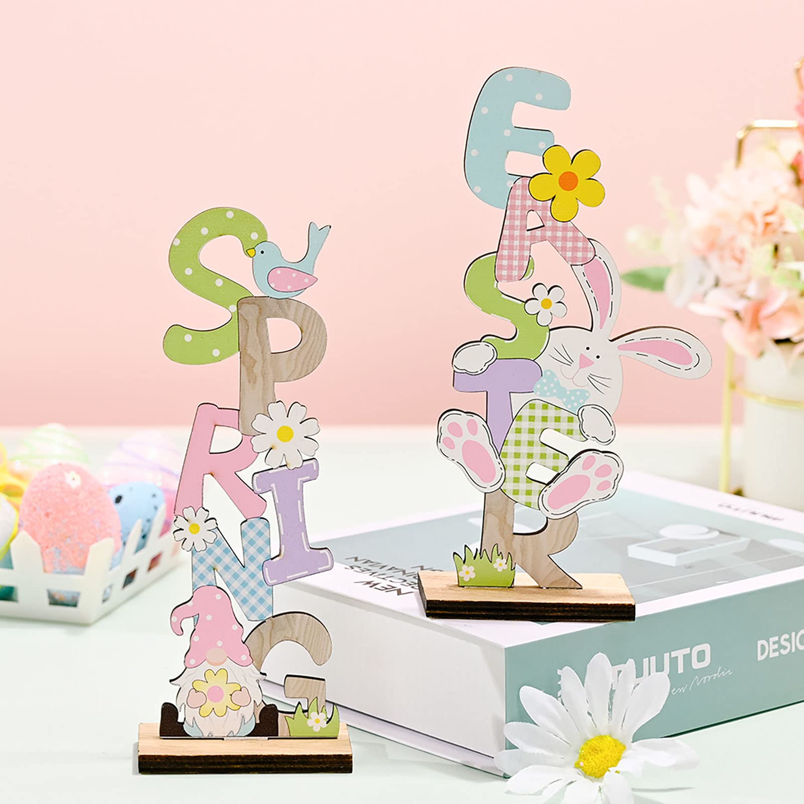 Easter Wooden Bunny Gnomes Table Decor - Spring Holiday Centerpiece for Indoor Outdoor Home Garden & Coffee Table - Perfect for Easter Party Family Gatherings & Seasonal Home Decoration
