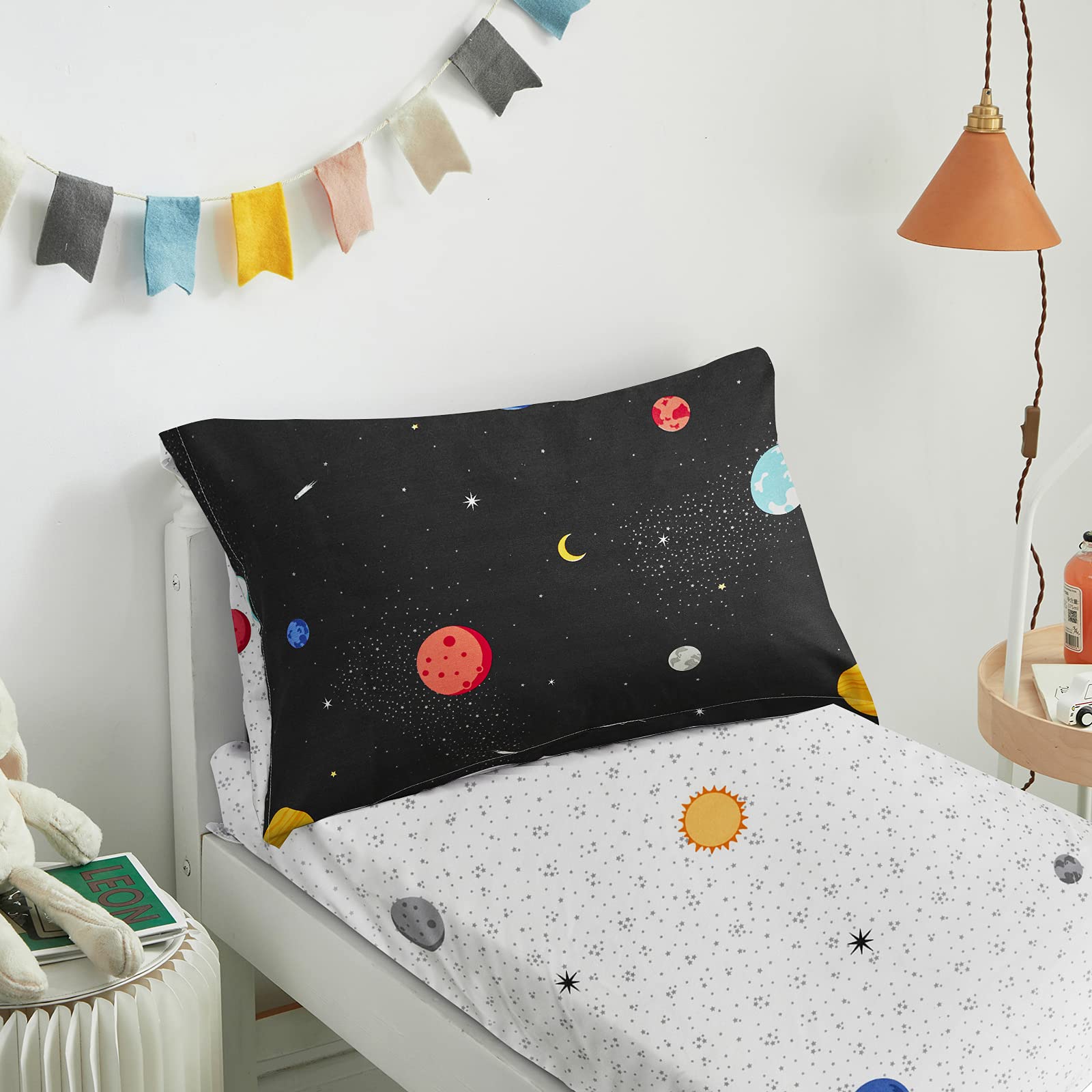 UOZZI 4-Piece Toddler Bedding Set - Black Space Theme with Stars & Planets | Soft Comforter, Fitted Sheet, Flat Sheet & Pillowcase | Perfect for Kids' Room, Nursery & Space-Themed Decor