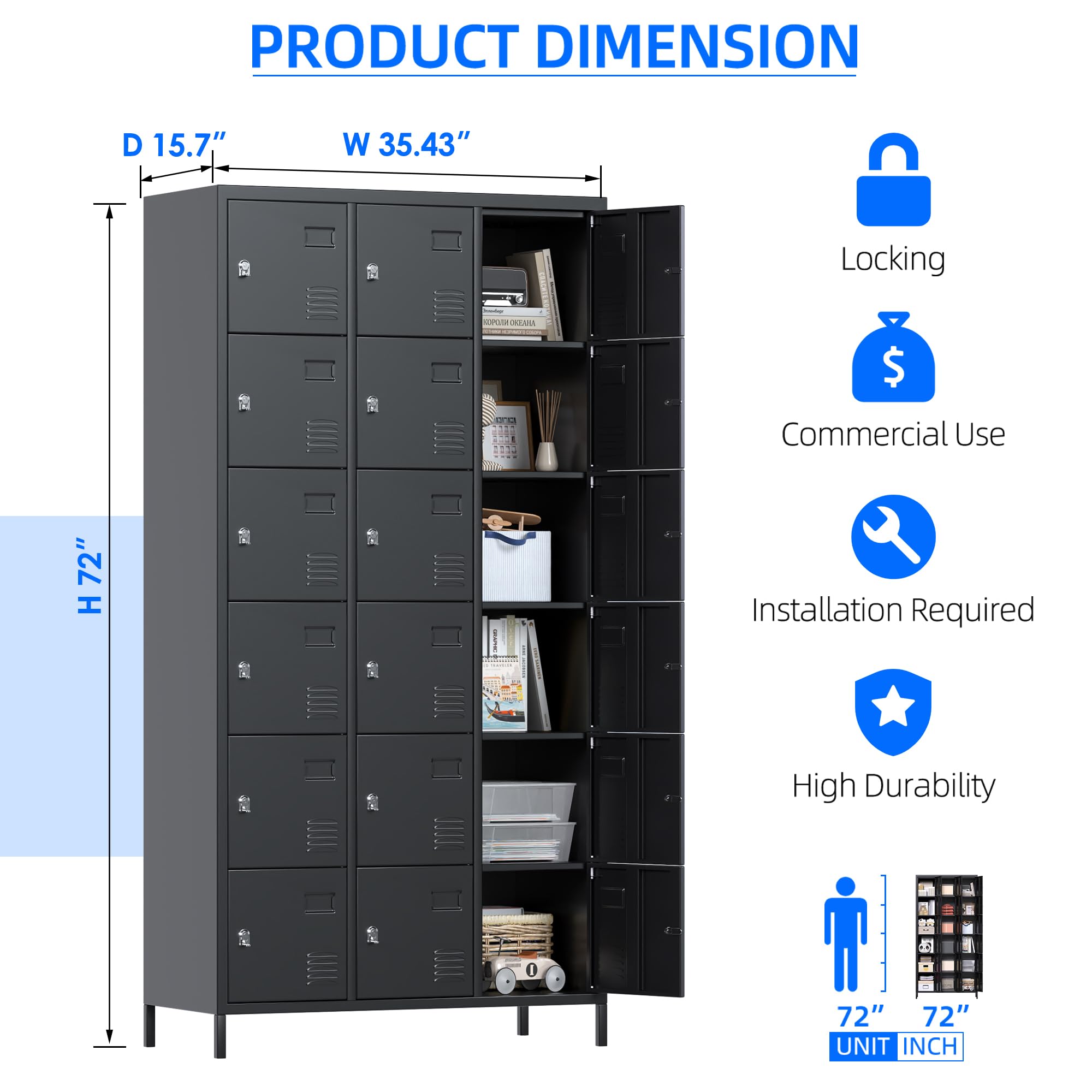 Aobabo 18-Door Black Steel Storage Locker Cabinet - Heavy Duty Metal Locker for School, Office, Gym, Bedroom - Industrial Storage Cabinet for Employees (Assembly Required) | Perfect for Employee Storage, School Changing Rooms & Gym Equipment Organization