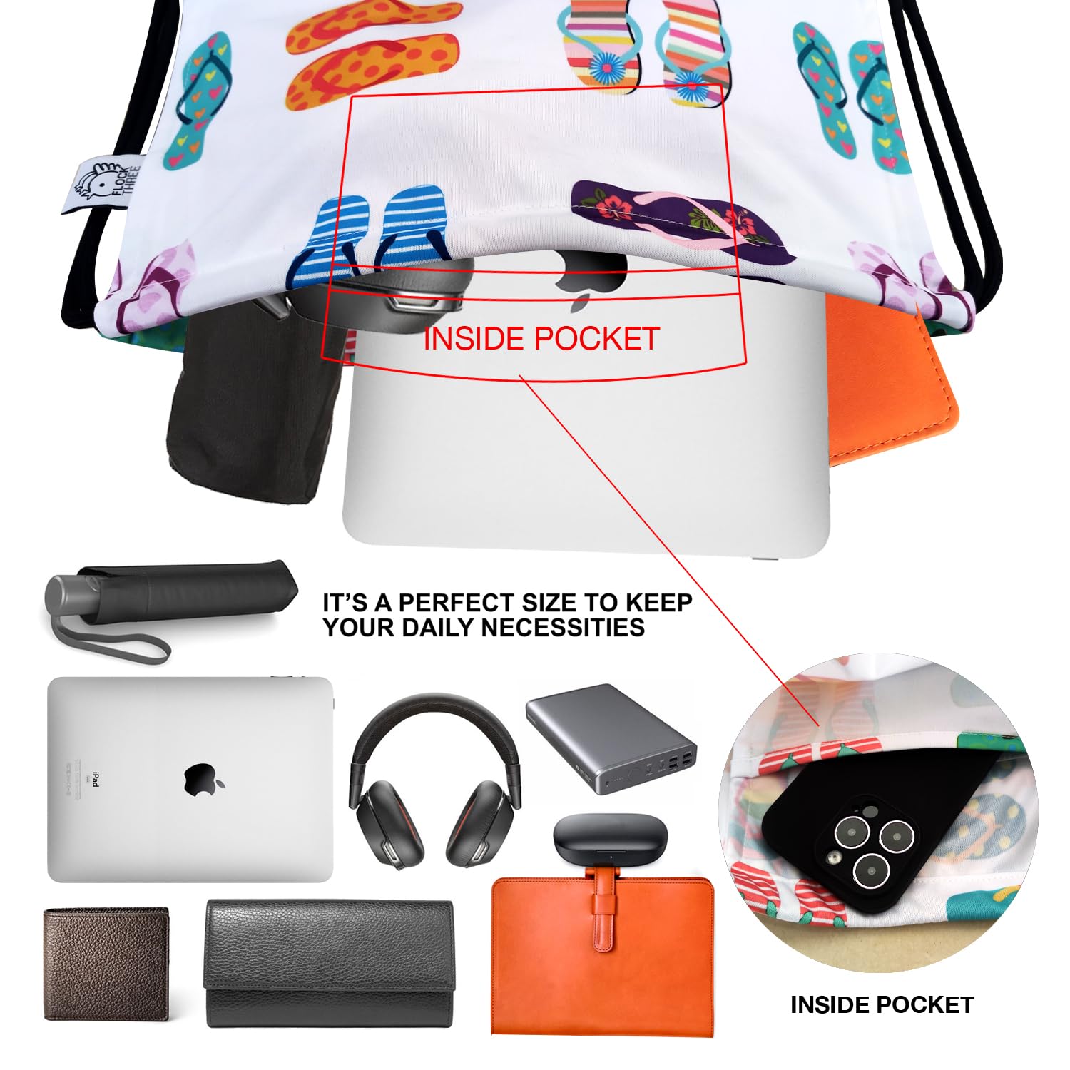 FLOCK THREE Leakproof Drawstring Backpack - Large Capacity Sports Gym Bag with Pockets for Travel, Swimming, Beach | Waterproof & Durable for Workouts, Hiking, Yoga & Outdoor Activities