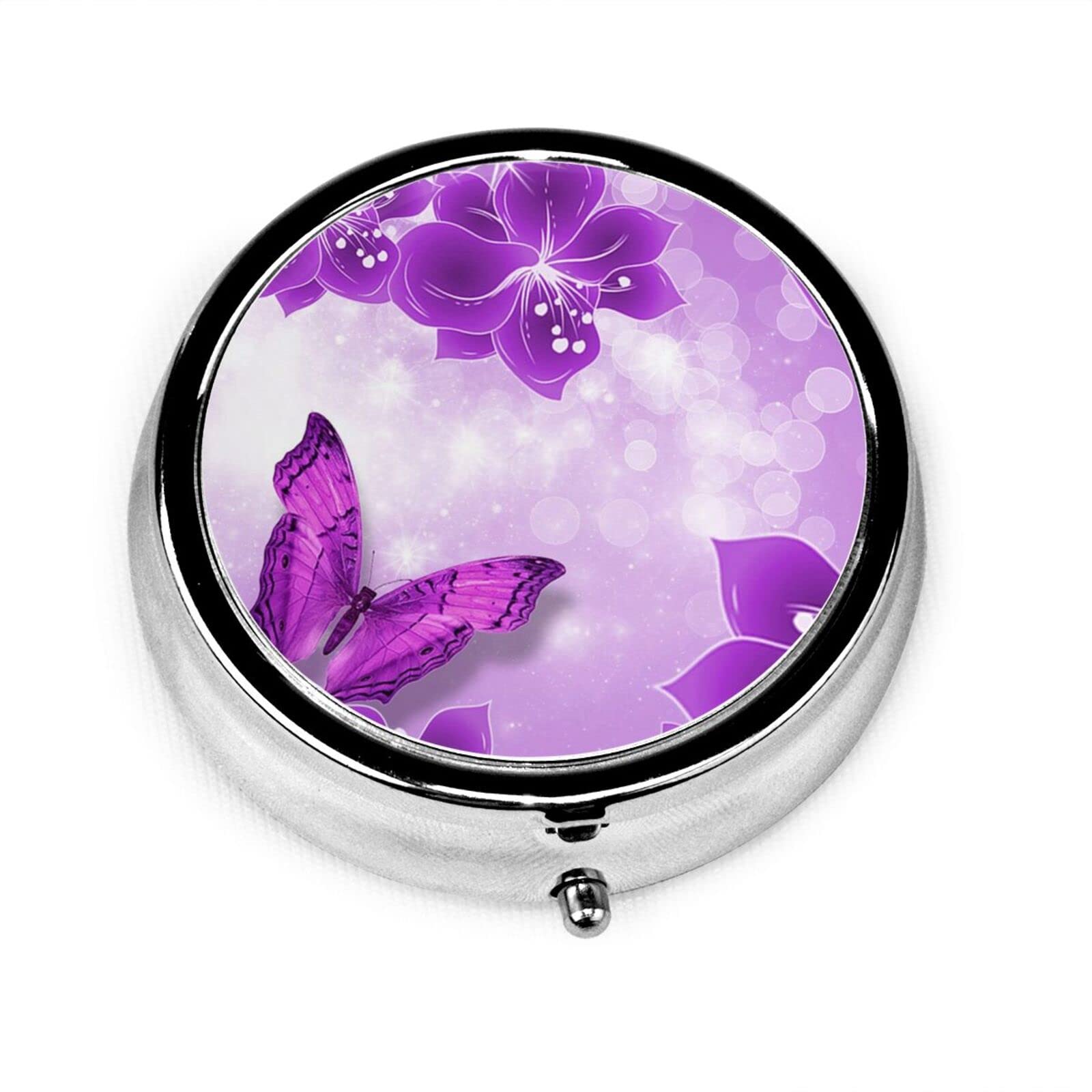 Purple Butterfly Pill Organizer - 3 Compartment Travel Pill Case for Vitamins, Medicine & Supplements - Portable Metal Pill Box for Daily Use, Travel & On-the-Go