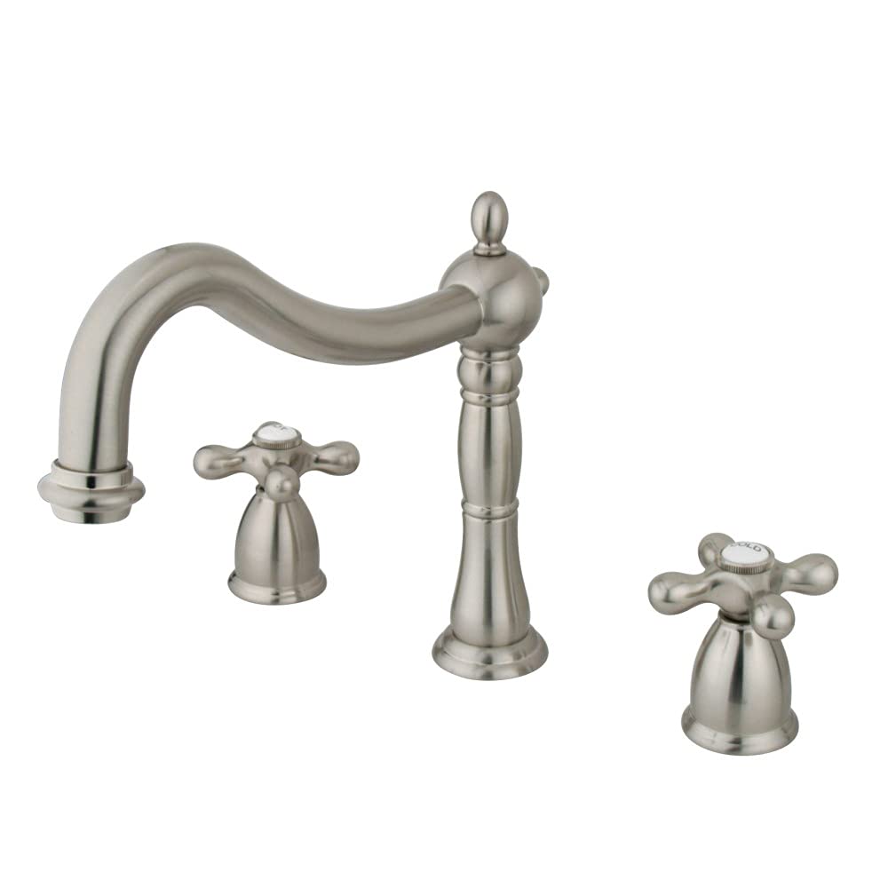 Kingston Brass KS1348AX Heritage Roman Tub Filler with Metal Cross Handle - Brushed Nickel Finish for Bathroom & Spa Luxury Experience