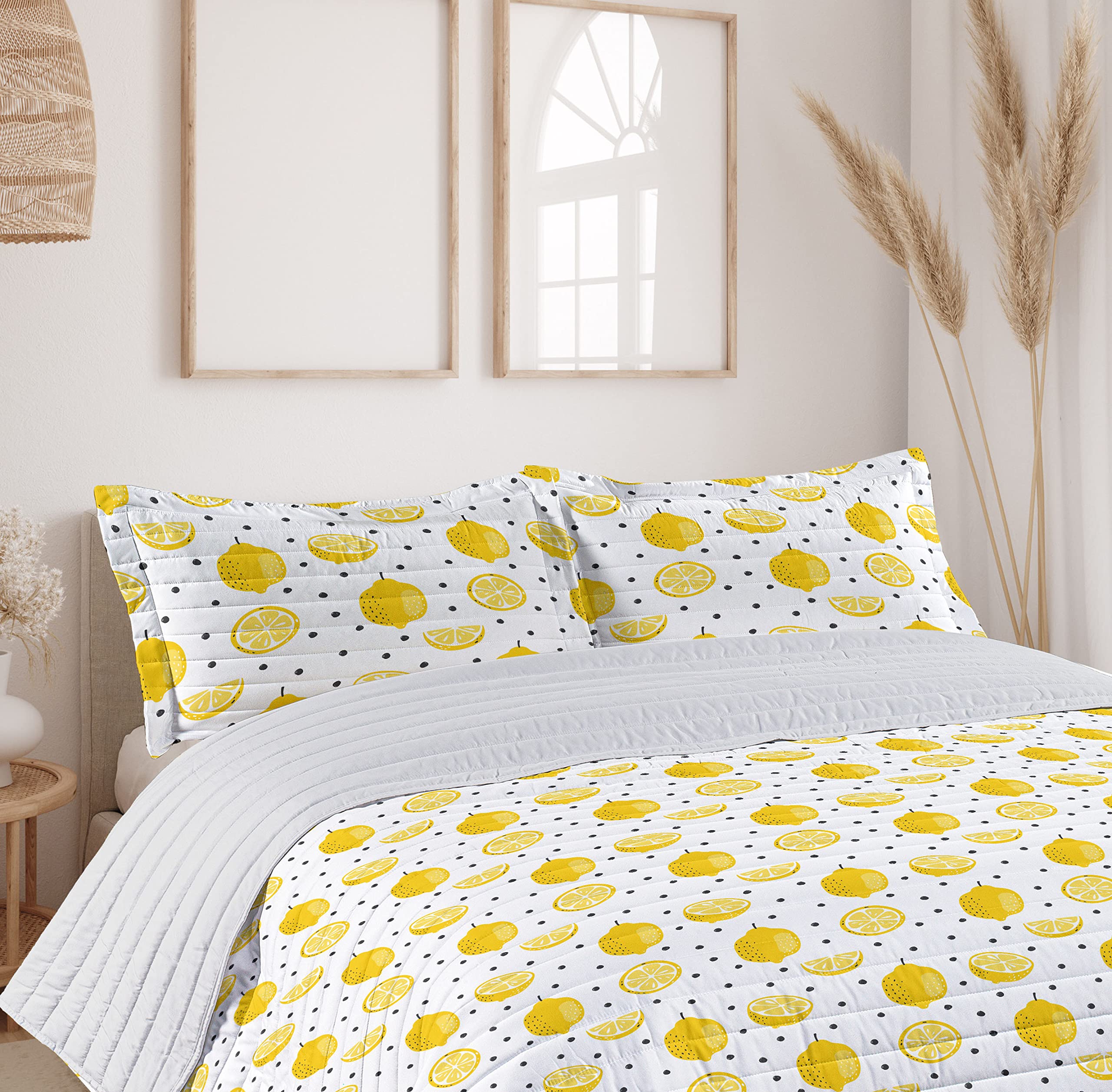 Ambesonne Lemon Microfiber Bedspread Set - Summer Citrus Fruit & Polka Dot Pattern Queen Size Bedding with Pillow Shams & Comforter in Mustard Charcoal Grey | Soft Breathable Bedroom Decor for Summer, Guest Room & Dorm