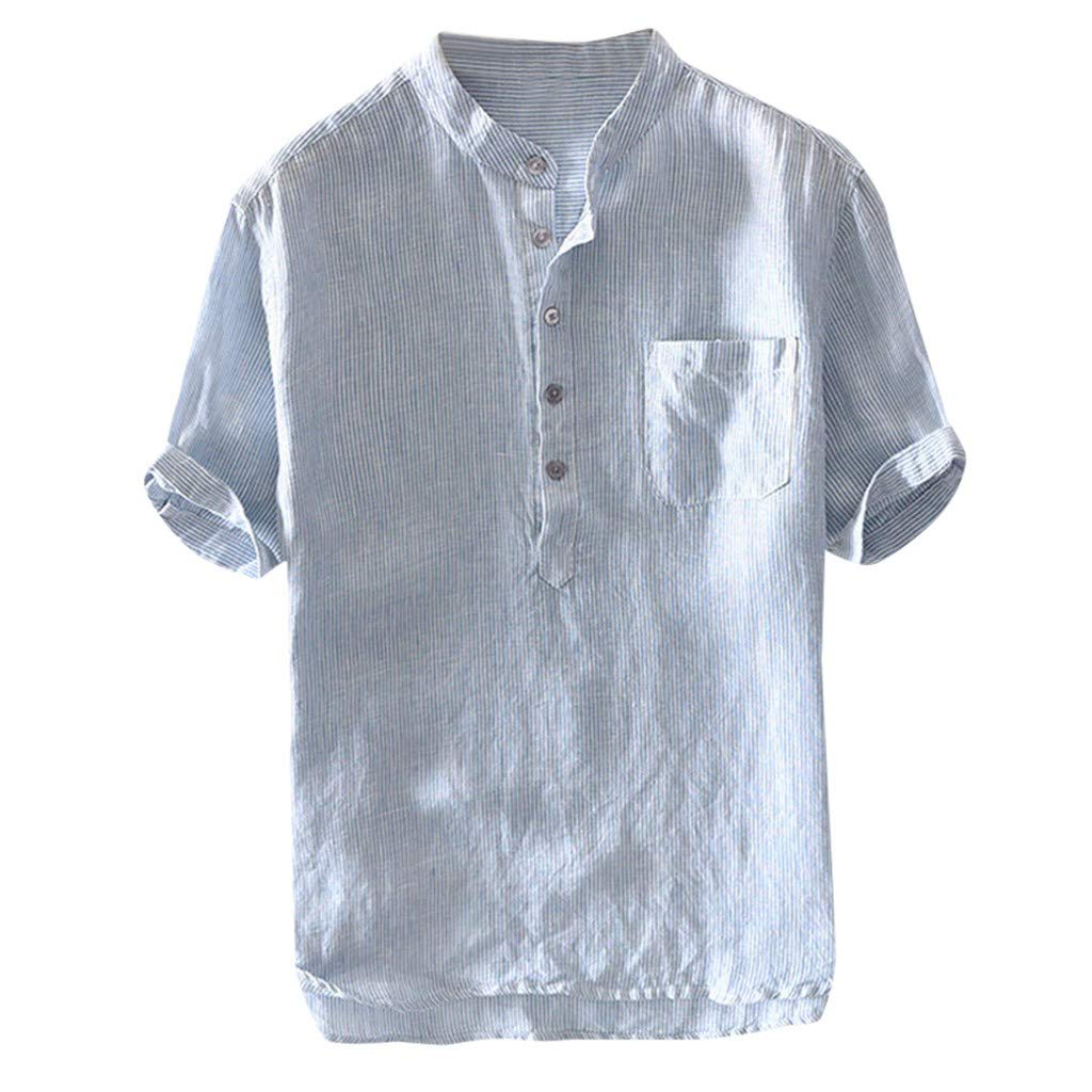 Vintage 1920s Men's Linen Shirt - Short Sleeve Cotton T-Shirt with Pocket & Button Front, Striped Casual Loose Fit Blouse | Perfect for Retro Costume Parties, Summer Outfits & Casual Wear