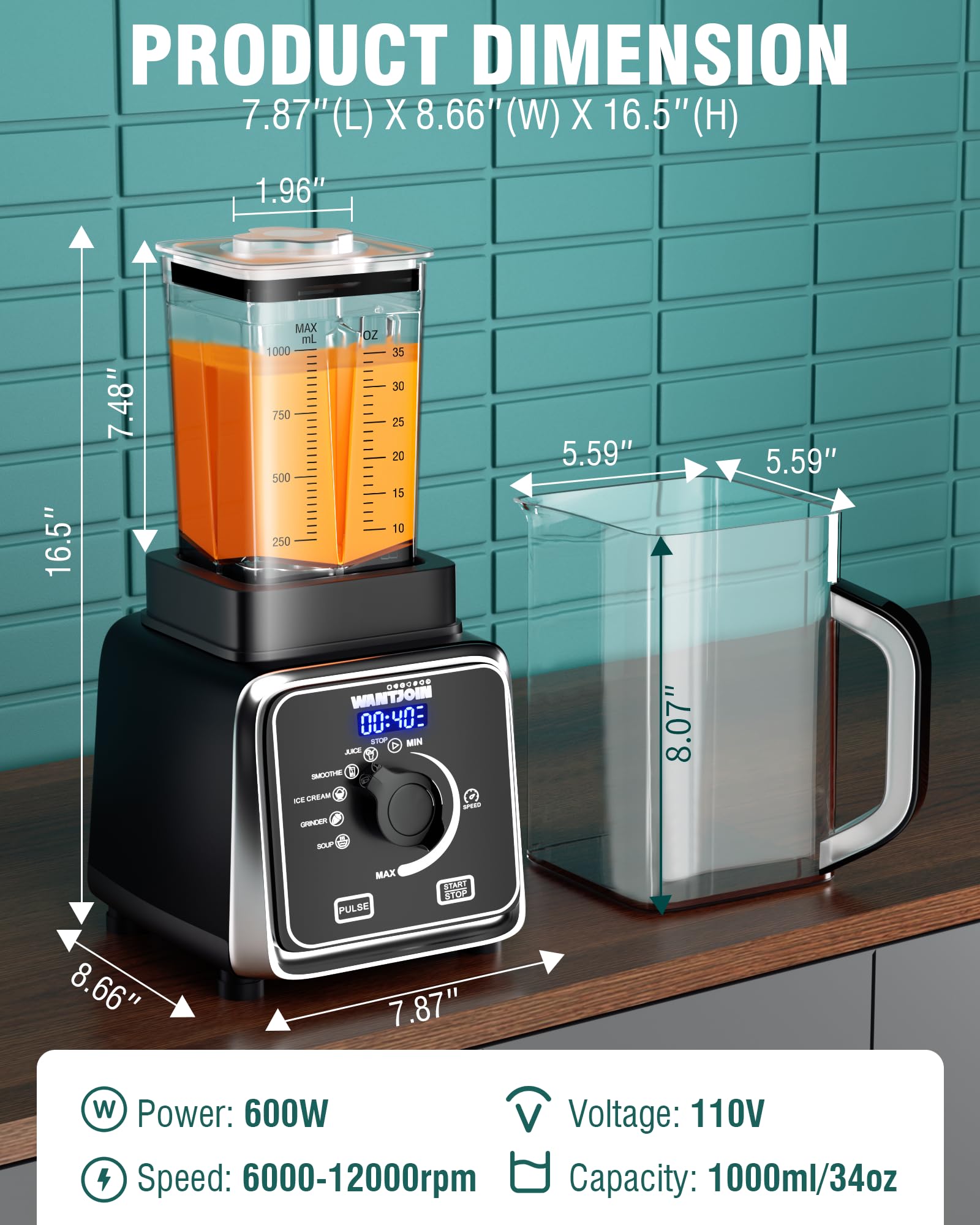 WantJoin Professional Blender for Kitchen - 9-Speed Quiet Blender with Sound Shield, 5 Functions & Easy Cleaning, 34oz/1L Capacity for Smoothies, Milkshakes, Juices - Perfect for Home, Gym & Healthy Lifestyle