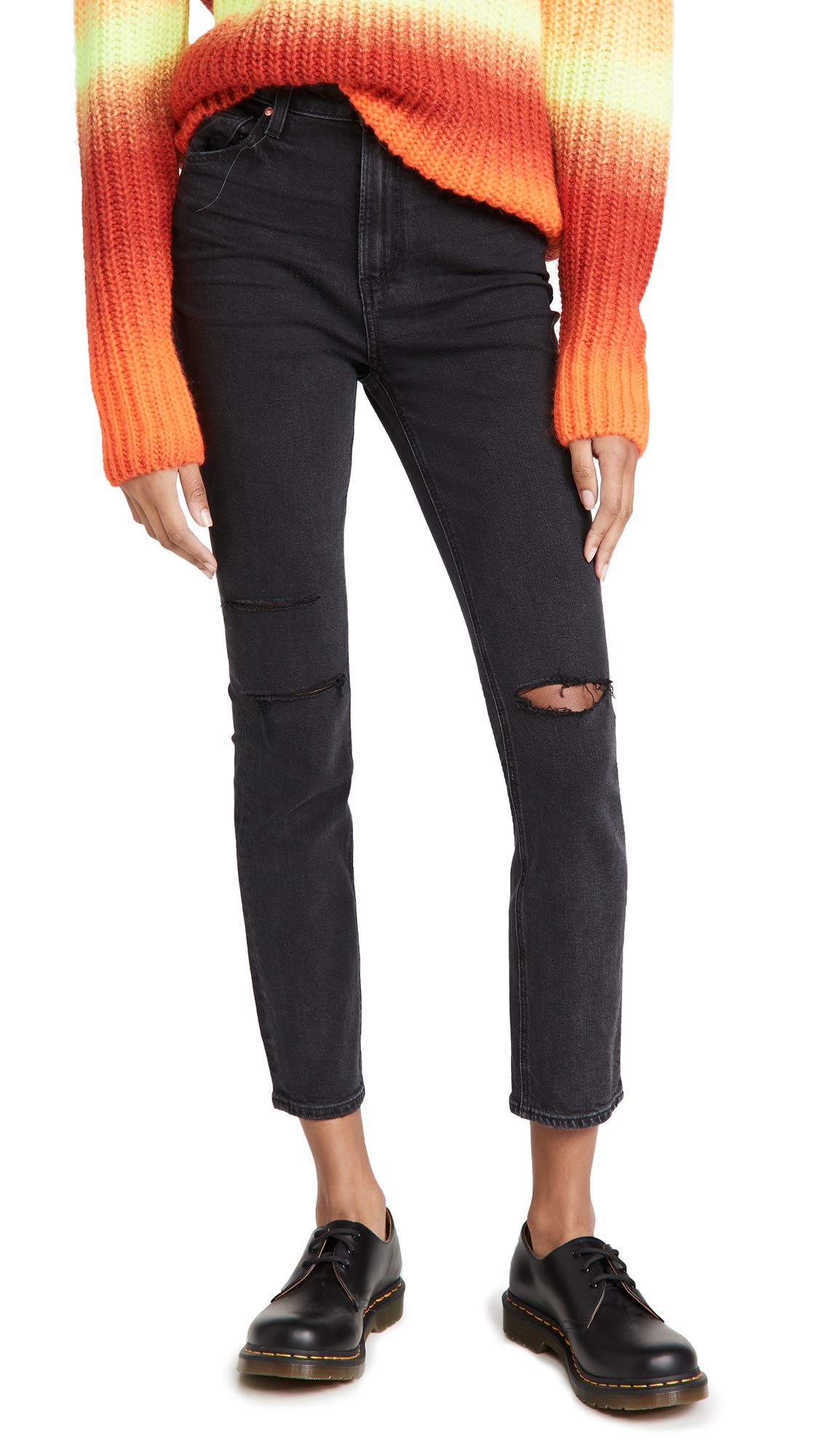 PAIGE Women's Sarah High Rise Slim Fit Straight Leg Crop Jean - Black ACE Destructed (Size 31) | Comfortable Stretch Denim Pants for Casual Wear & Everyday Outfits