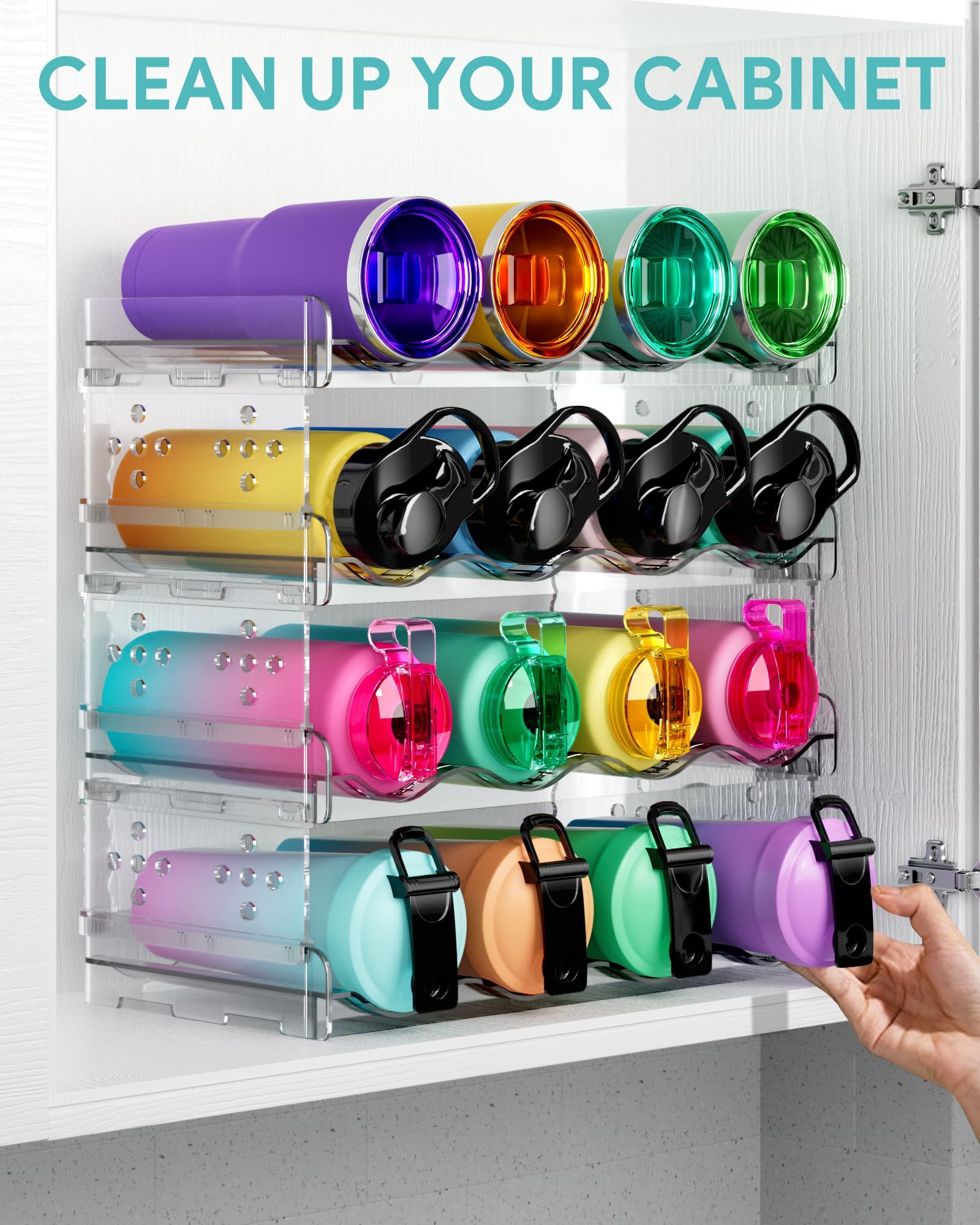 4 Tier Stackable Water Bottle Organizer - Holds 16 Bottles for Cabinet, Countertop, Pantry & Fridge - Free-Standing Kitchen Storage for Wine, Tumbler & Drink Bottles - Perfect for Home, Office & RV Organization