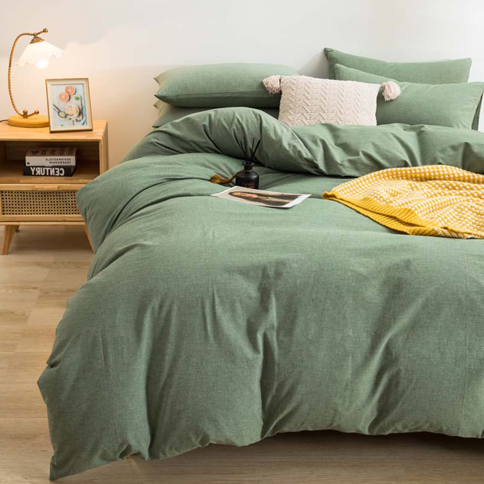Premium Green Washed Cotton Duvet Cover Queen Size - 3 Piece All Season Bedding Set with 2 Pillowcases (90