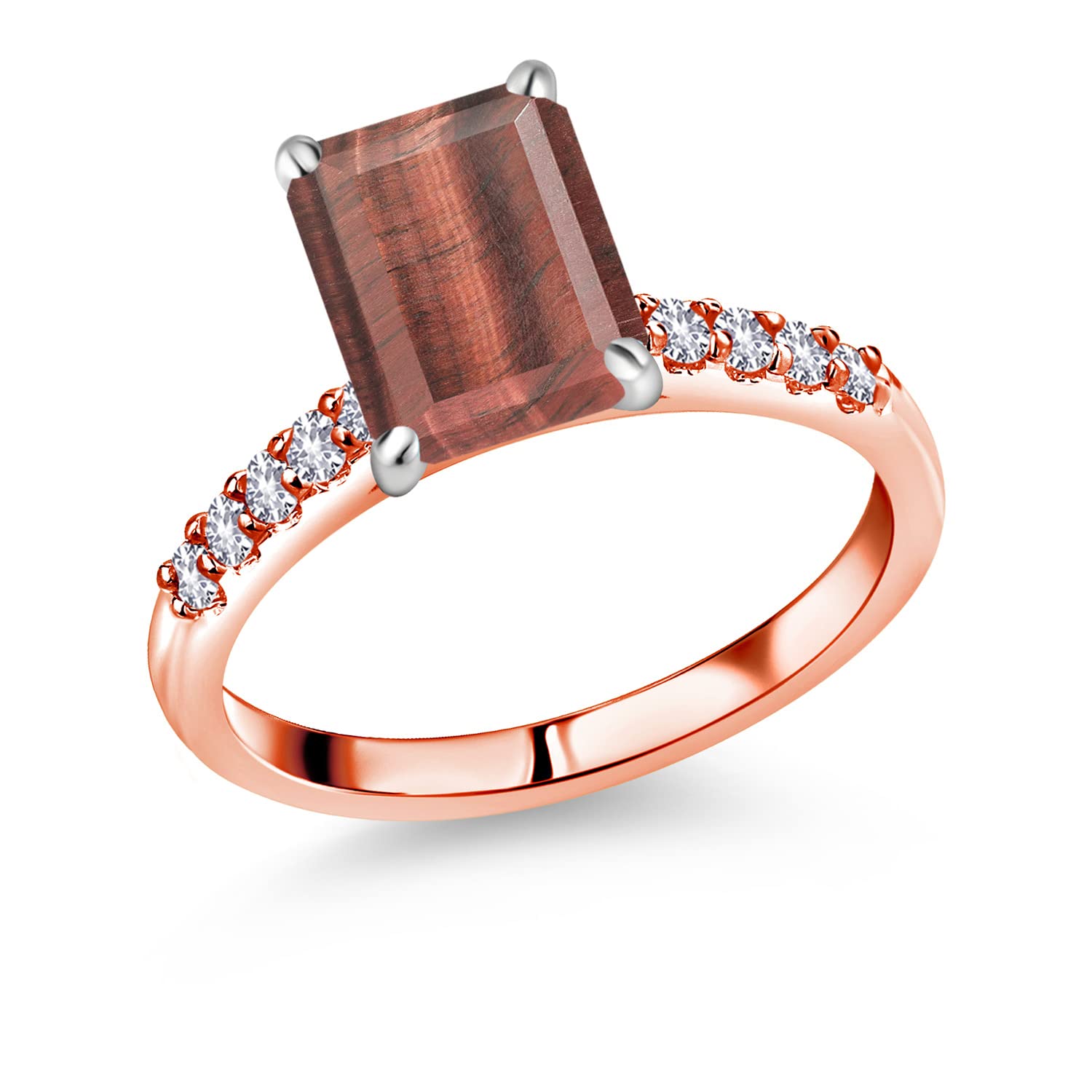 3.30 Ct Red Tiger Eye & White Created Sapphire 10K Rose Gold Ring with White Gold Prongs for Women - Elegant Jewelry Gift for Anniversary, Birthday & Special Occasions