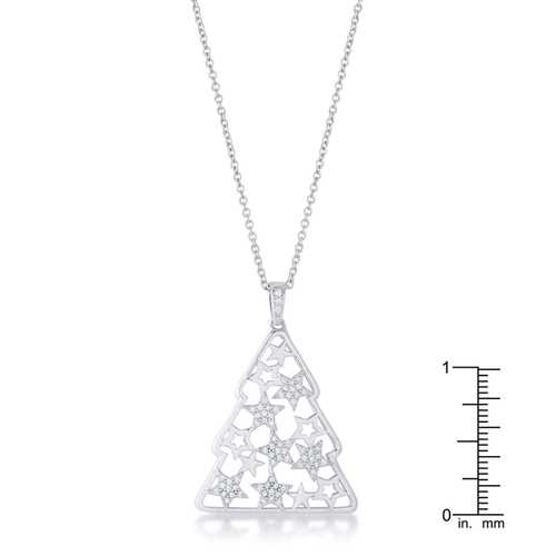 0.2 Carat CZ Rhodium-Plated Christmas Tree Pendant with Mixed Stars Pave - Elegant Holiday Jewelry Gift for Women - Perfect for Christmas Parties, Festive Outfits & Holiday Celebrations