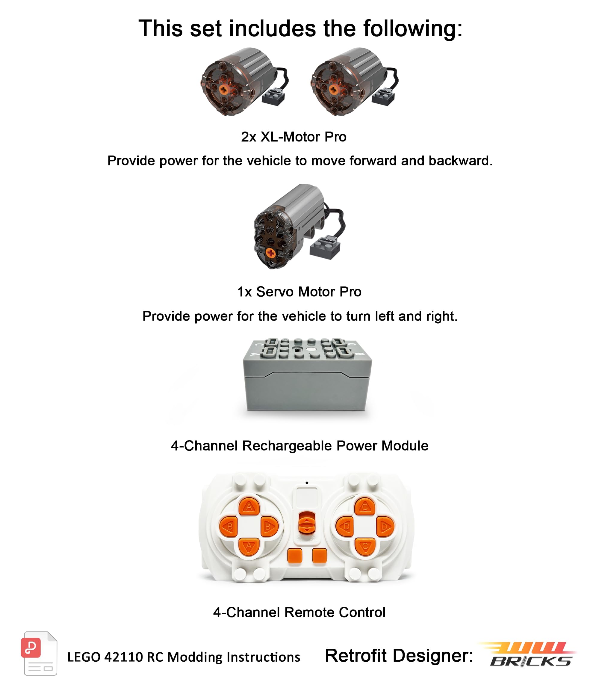 Power Functions Motor Set for Lego 42110 Land Rover Defender (Model Not Included) - Perfect for DIY Lego Technic Car Building & Remote Control Upgrades