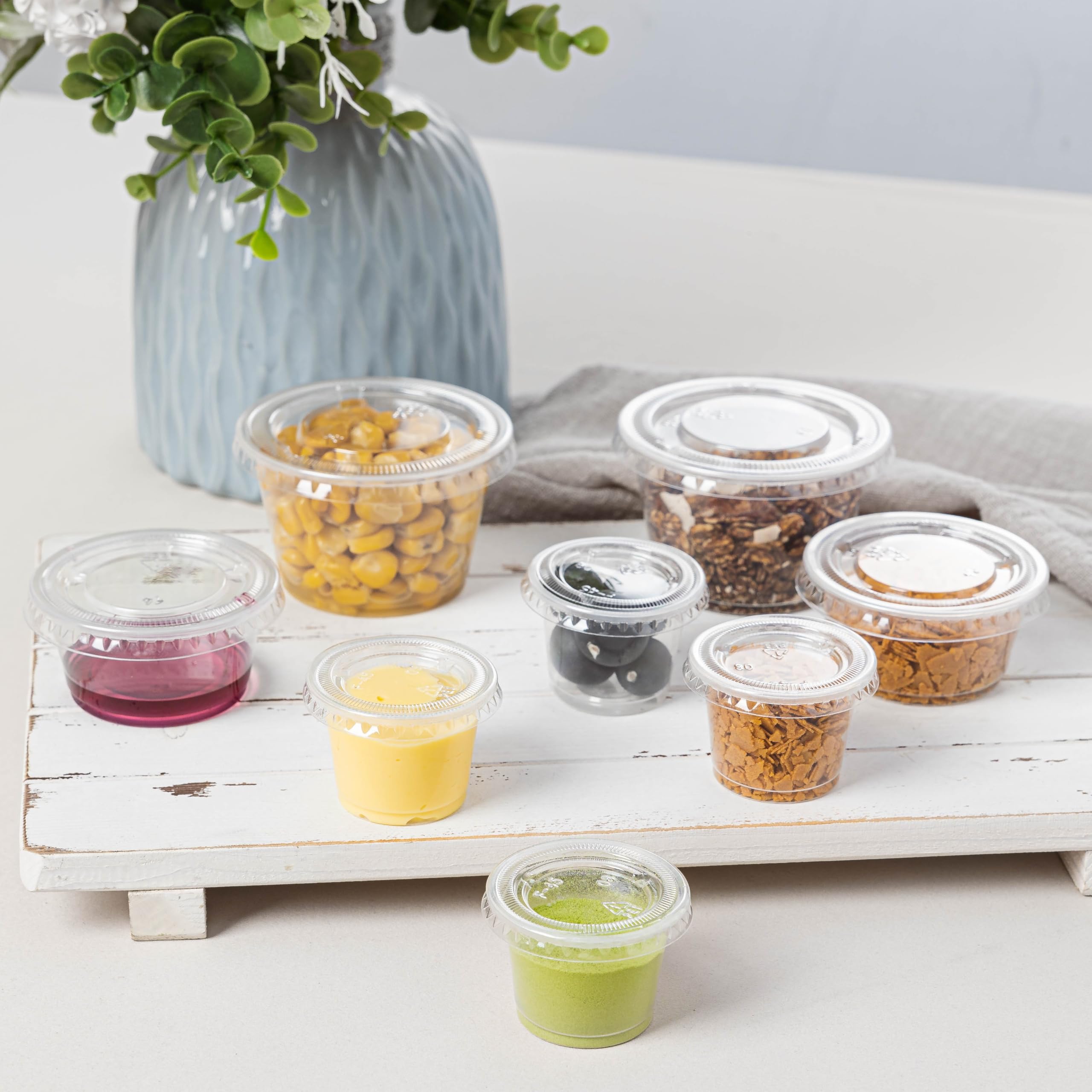 100 Sets 4oz Disposable Mini Plastic Cups with Lids - Stackable Airtight Portion Control Containers for Salad Dressing, Sauces, Condiments | Perfect for Thanksgiving, Christmas Parties, Picnics & Meal Prep