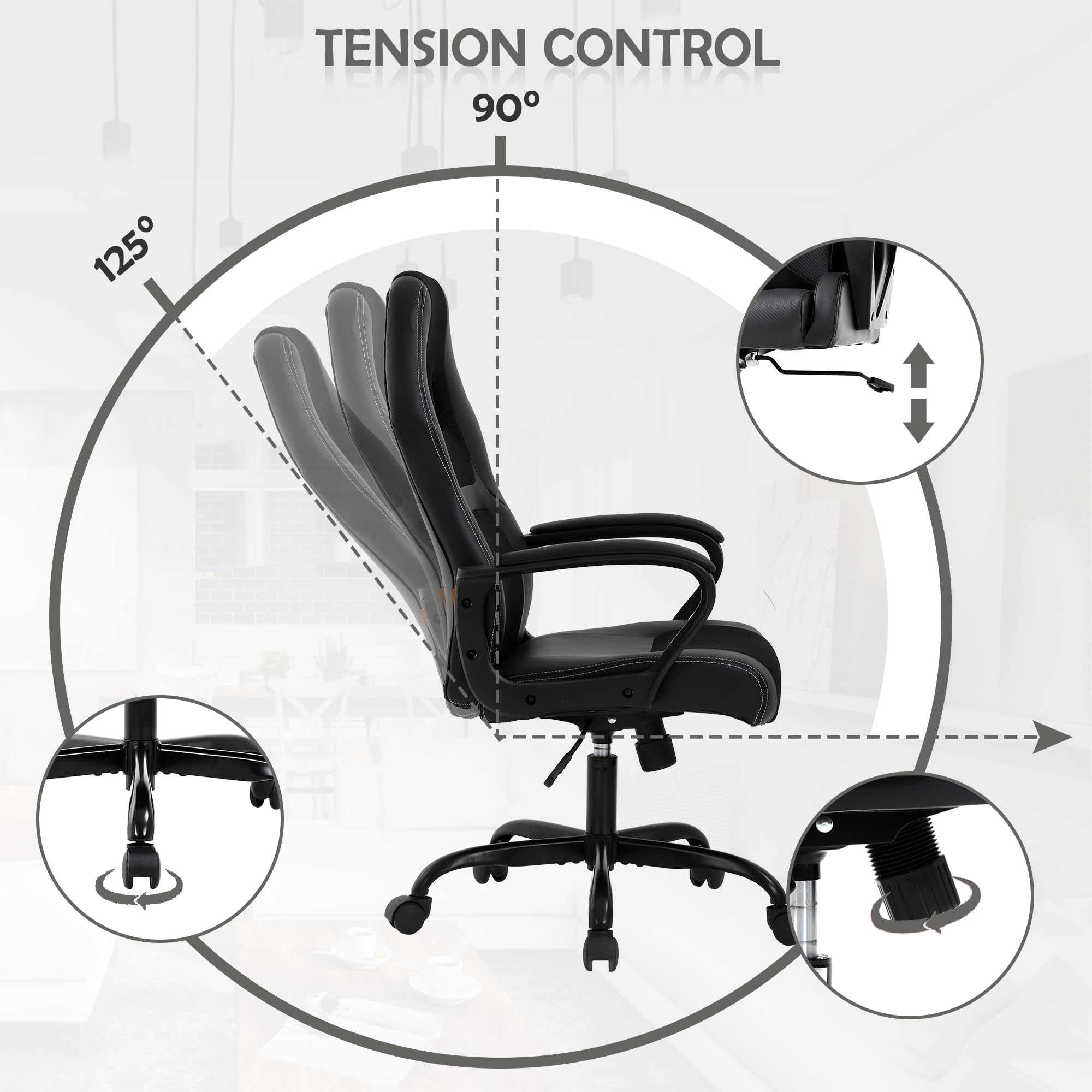 Ergonomic Massage Gaming Chair for Adults - Adjustable Office Desk Chair with Lumbar Support & Armrests - PU Leather Reclining Computer Task Chair - Perfect for Home Office, Gaming Setup & Workstation (Black)