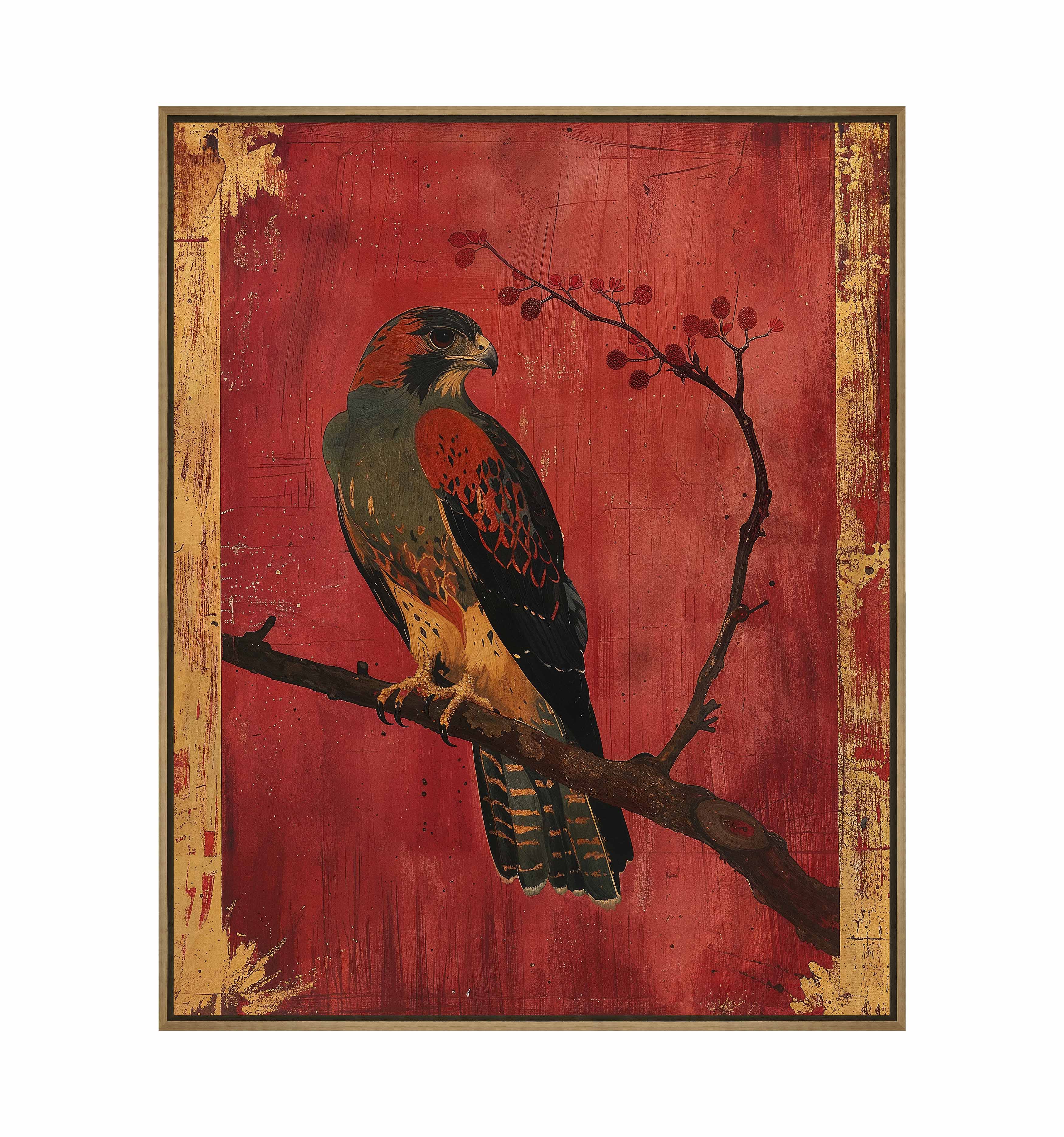 Crimson Majesty Falcon of the Silk Road Wall Art - Handmade Gallery Wrapped Canvas Painting for Living Room, Bedroom & Office Decor
