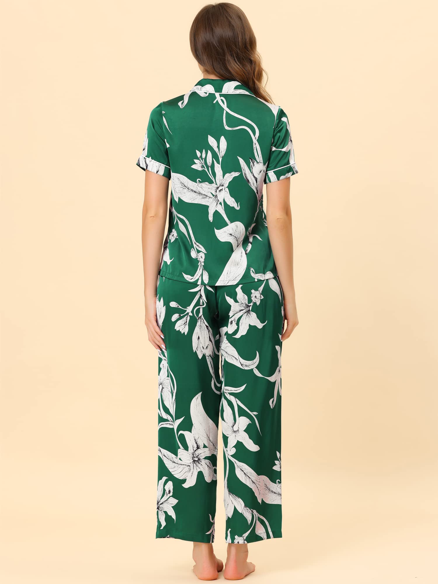 Cheibear Women's Satin Floral Pajama Set - Short Sleeve Button Down Top & Lounge Pants - Soft Sleepwear for Women - Perfect for Bedtime, Relaxing at Home & Gift Giving