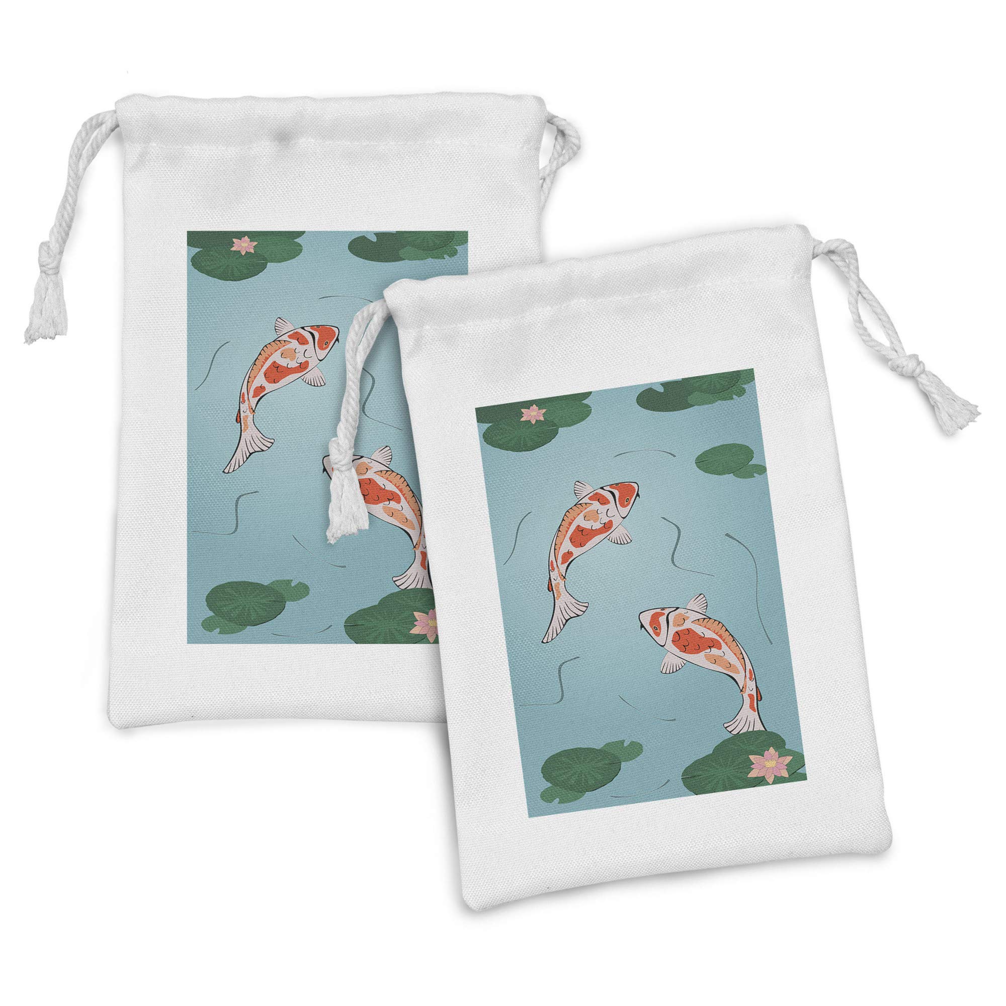 Ambesonne 2-Piece Koi Fish Fabric Pouch Set - Japanese Koi Pond with Water Lilies Design, Small Drawstring Bags for Toiletries, Face Masks & Party Favors (9