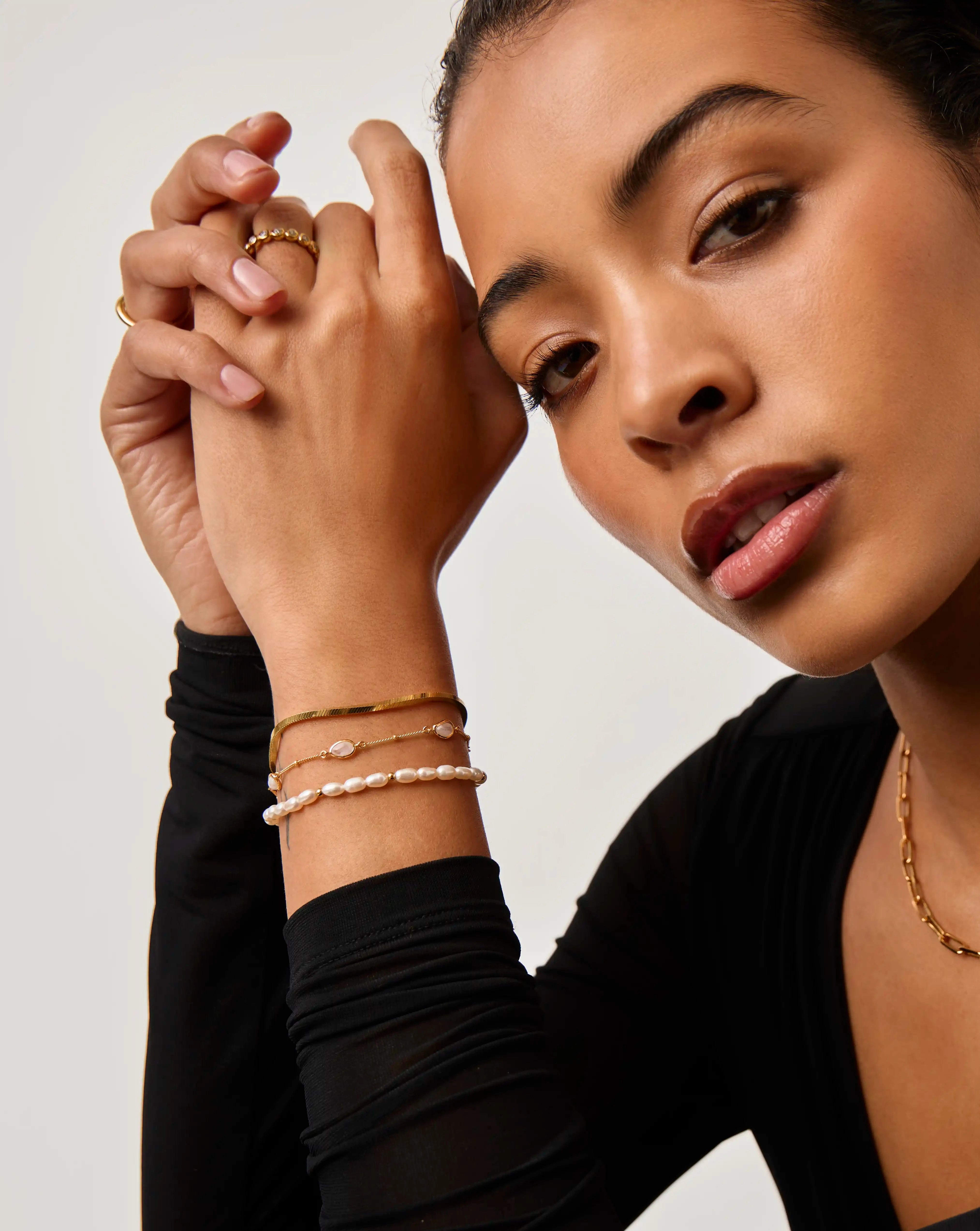 18k Gold Plated Pearl & Snake Chain Triple Bracelet Set for Women - Elegant Stackable Jewelry for Parties, Weddings & Everyday Wear