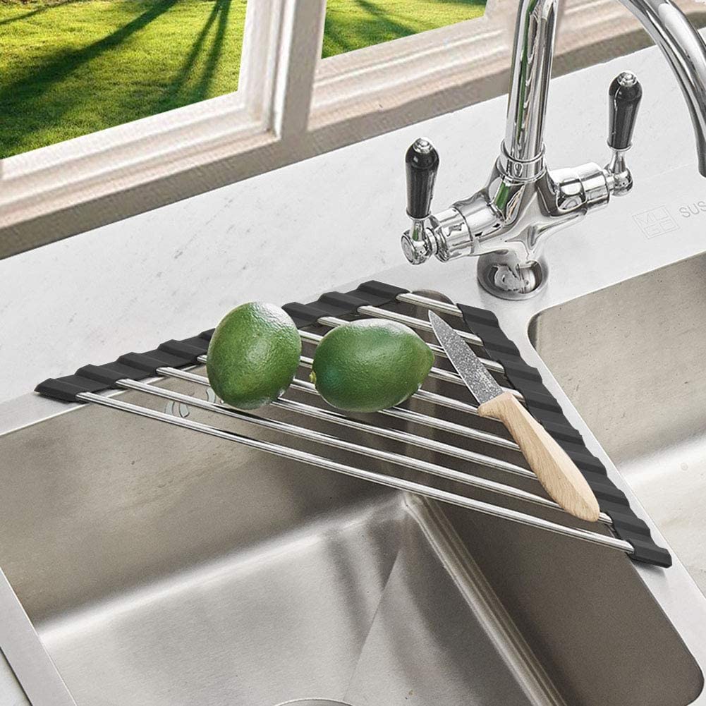 Stainless Steel Triangle Dish Drying Rack - Space Saving Over The Sink Corner Drainer Mat for Kitchen - Multipurpose Roll-up Drying Rack for Dishes, Utensils & Sponges - Perfect for Small Kitchens, Apartments & RVs (Black)