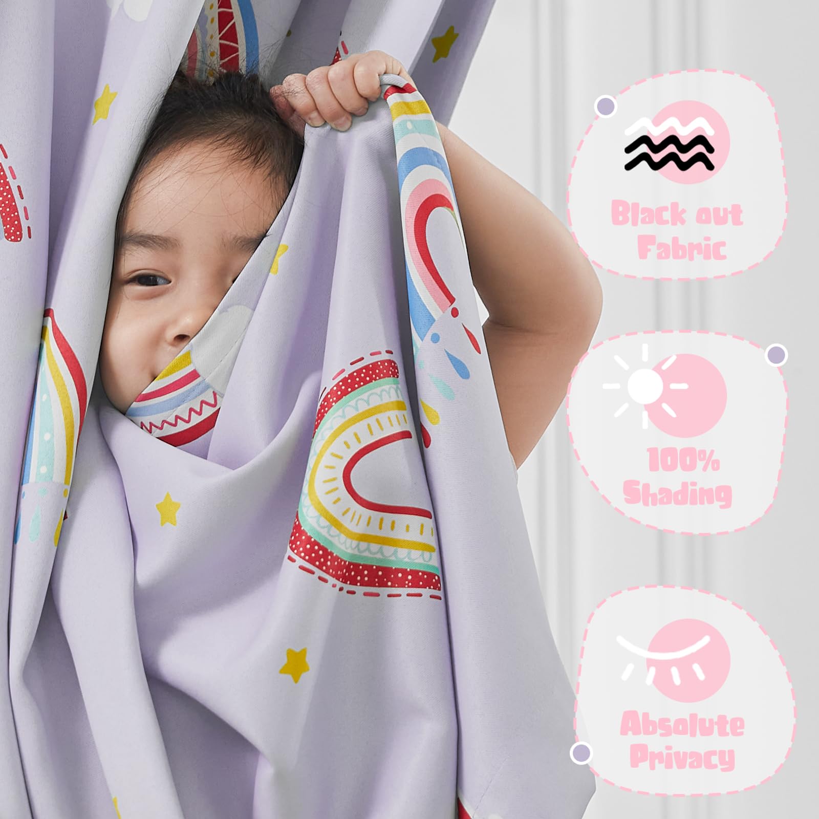 Vangao Boho Girls Blackout Curtains - 63 Inch Thermal Insulated Room Darkening Window Drapes for Kids Bedroom, Nursery & Living Room (Purple Rainbow Design, 2 Panels) - Perfect for Light Control, Privacy & Stylish Home Decor