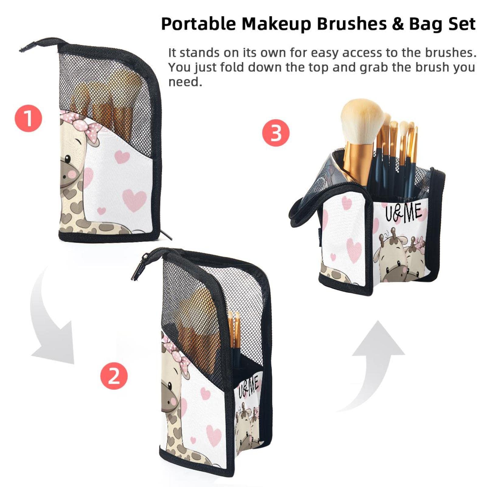 12-Piece Makeup Brush Organizer Bag with Love Giraffe & Pink Butterfly Design - Portable Cosmetic Brush Holder Case for Travel, Home & Professional Makeup Artists