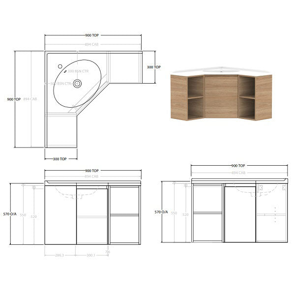 ADP Glacier Lite Corner Vanity with Cast Marble Top - Space-Saving Twin Wall Hung Bathroom Sink Cabinet for Small Bathrooms | Perfect for Apartments, Powder Rooms & Modern Home Decor