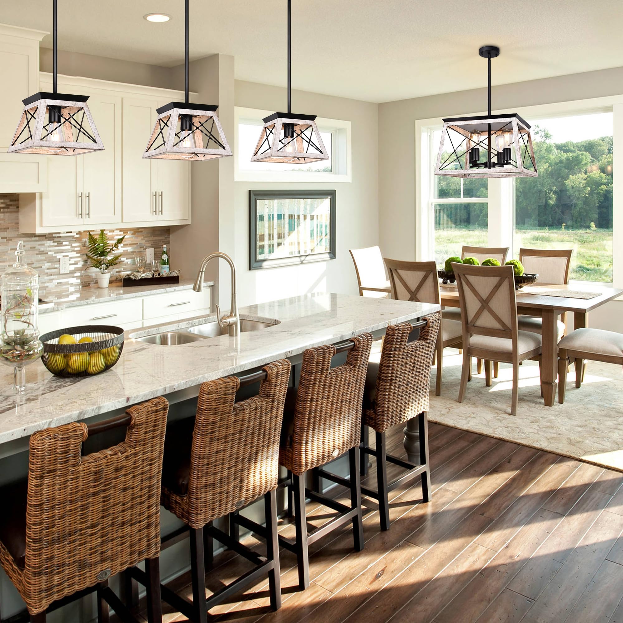 Rustic Farmhouse Chandelier - 4-Light White Wood Distressed Pendant Light for Dining Room, Kitchen Island, Entryway, Hallway & Foyer | Perfect for Country-Style Home Decor and Cozy Gatherings
