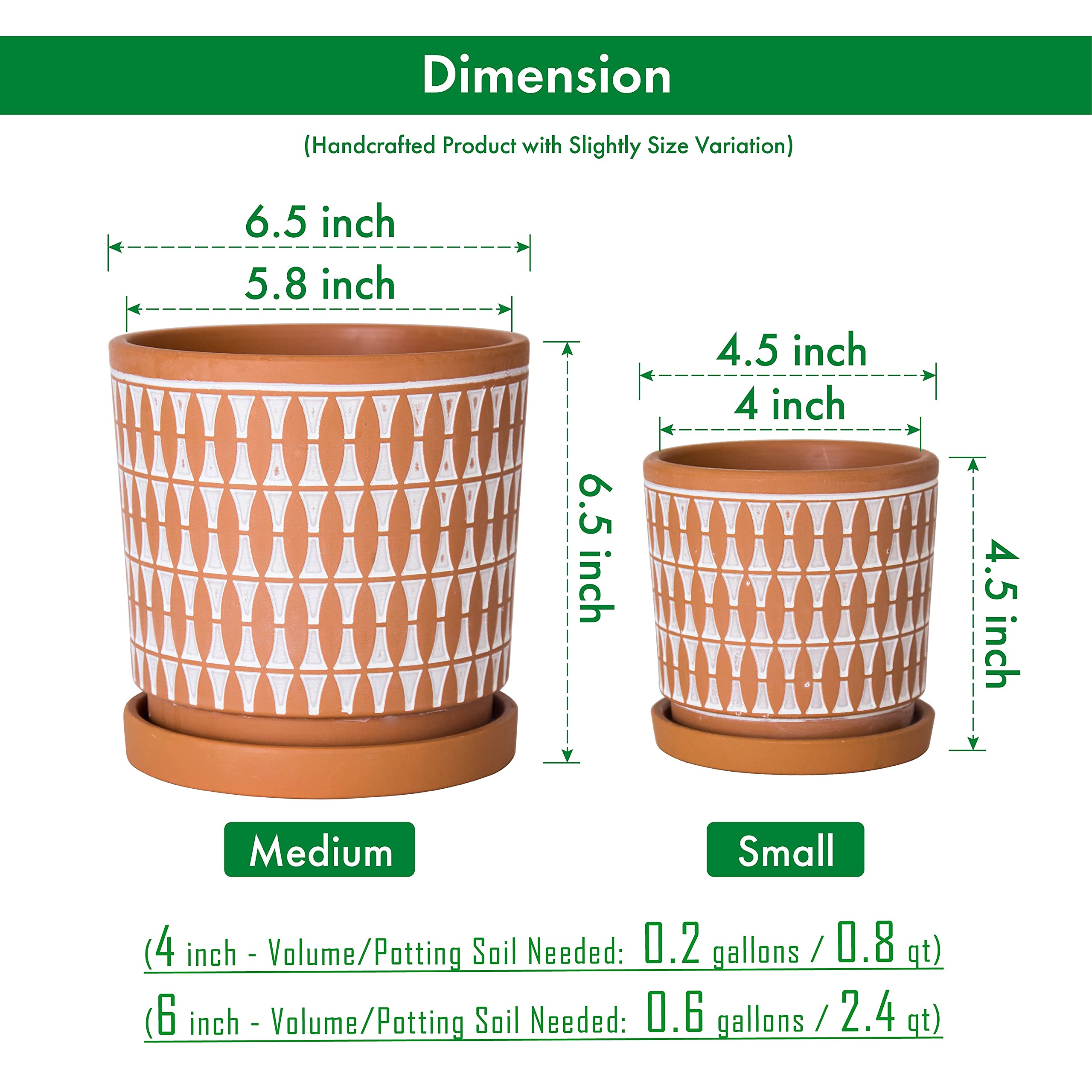 D'vine Dev Set of 2 Terracotta Plant Pots - 4 Inch & 6 Inch Clay Planters with Drainage Holes & Saucers - Pottery Red/White Indoor Outdoor Flower Pots for Succulents, Herbs, Small Plants - Home Garden Decor