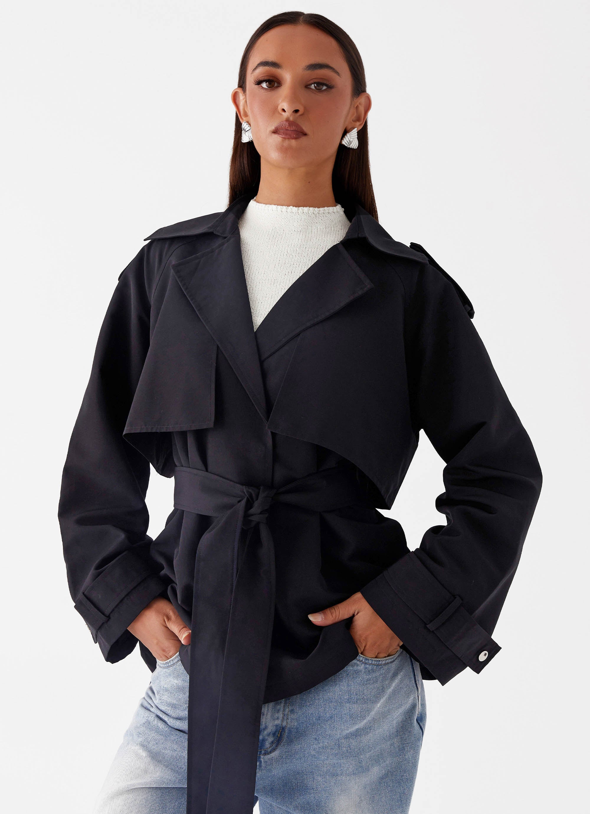 Ace Of Spades Black Cropped Trench Coat for Women | Stylish Outerwear for Fall & Winter | Perfect for Casual Outfits, Dates & Office Wear