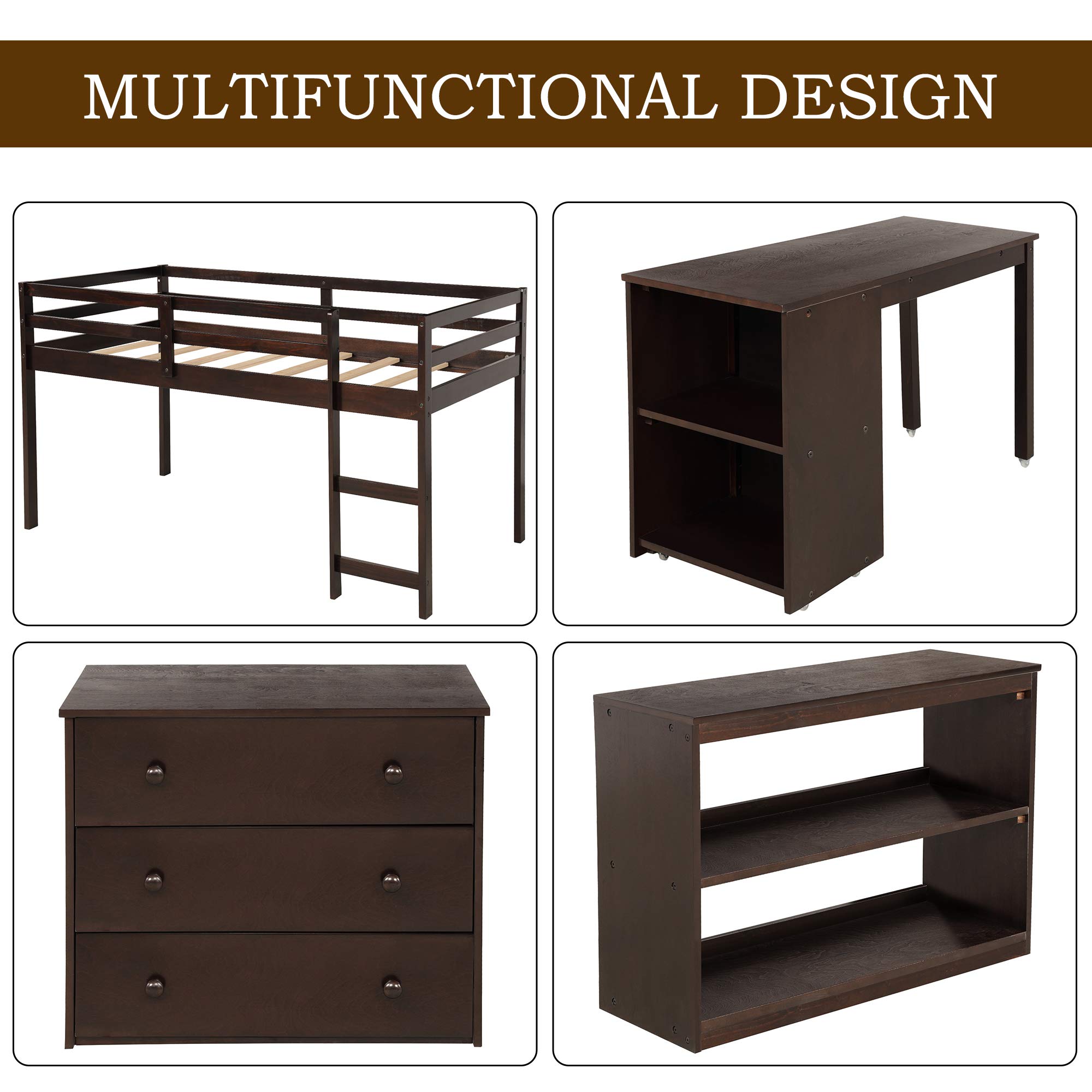 KLMM Kids Loft Bed with Rolling Desk, Storage Shelf, Guard Rail & Drawers - Twin Size Space-Saving Bed for Small Bedroom, Dorm or Apartment (Espresso Finish) - Perfect for Study, Sleep & Organization in Compact Spaces