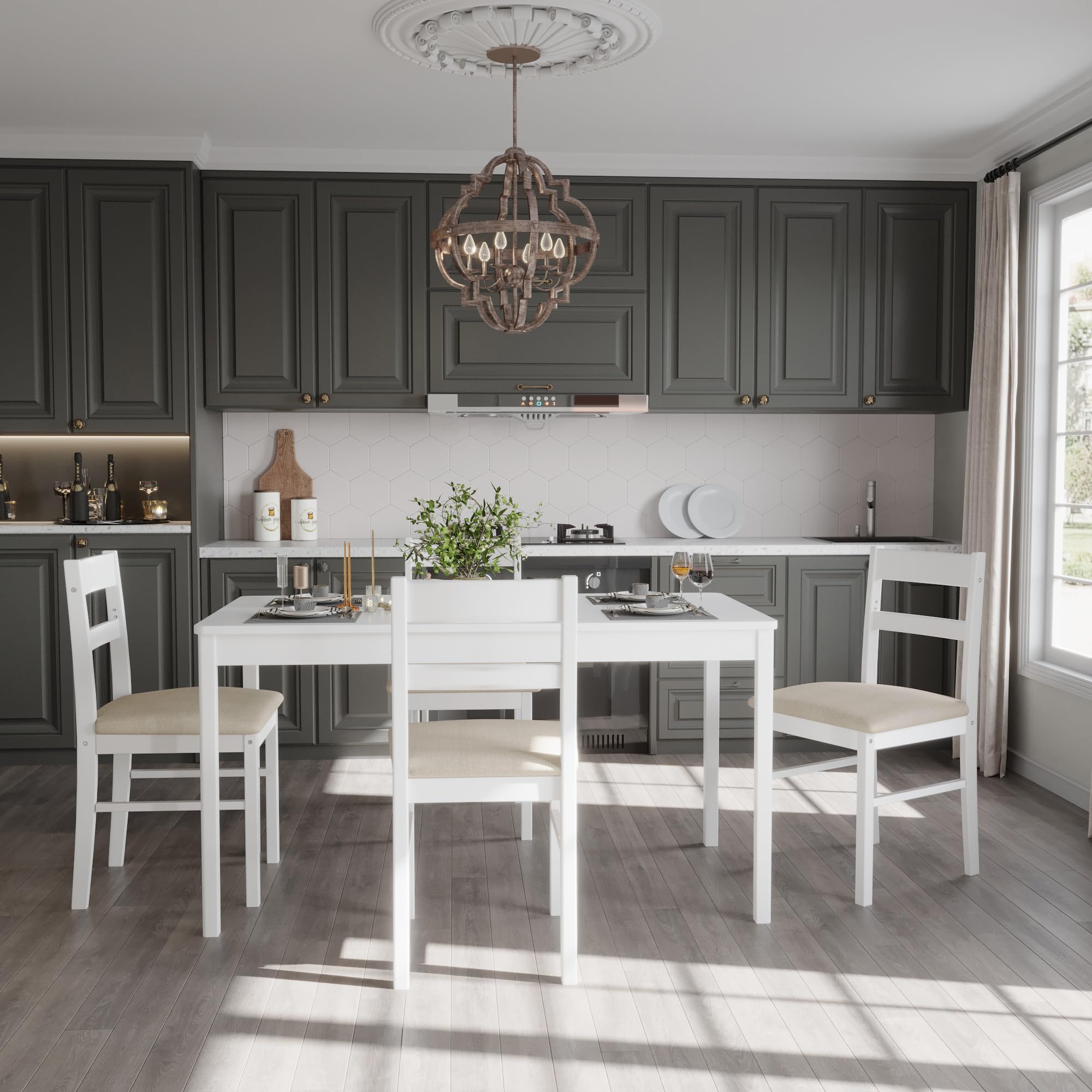 5-Piece Solid Wood Modern Rectangular Dining Table Set for 4 - White Kitchen Table & Chairs with Soft Cushions - Perfect for Dining Room, Breakfast Nook, Small Apartment & Entertaining Guests