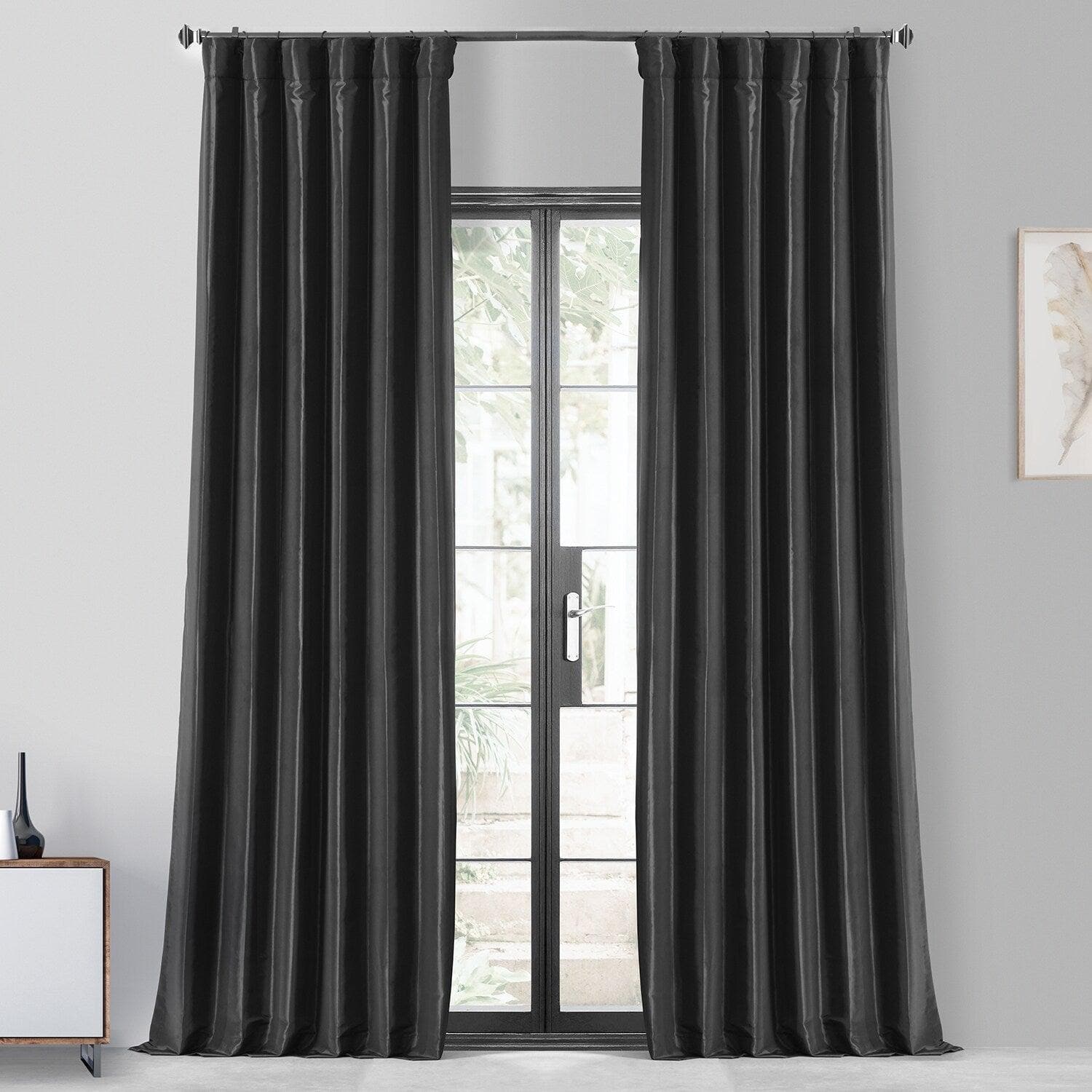 Jet Black Faux Silk Taffeta Blackout Curtains - Thermal Insulated Room Darkening Drapes for Bedroom, Living Room & Home Theater (Set of 2 Panels)