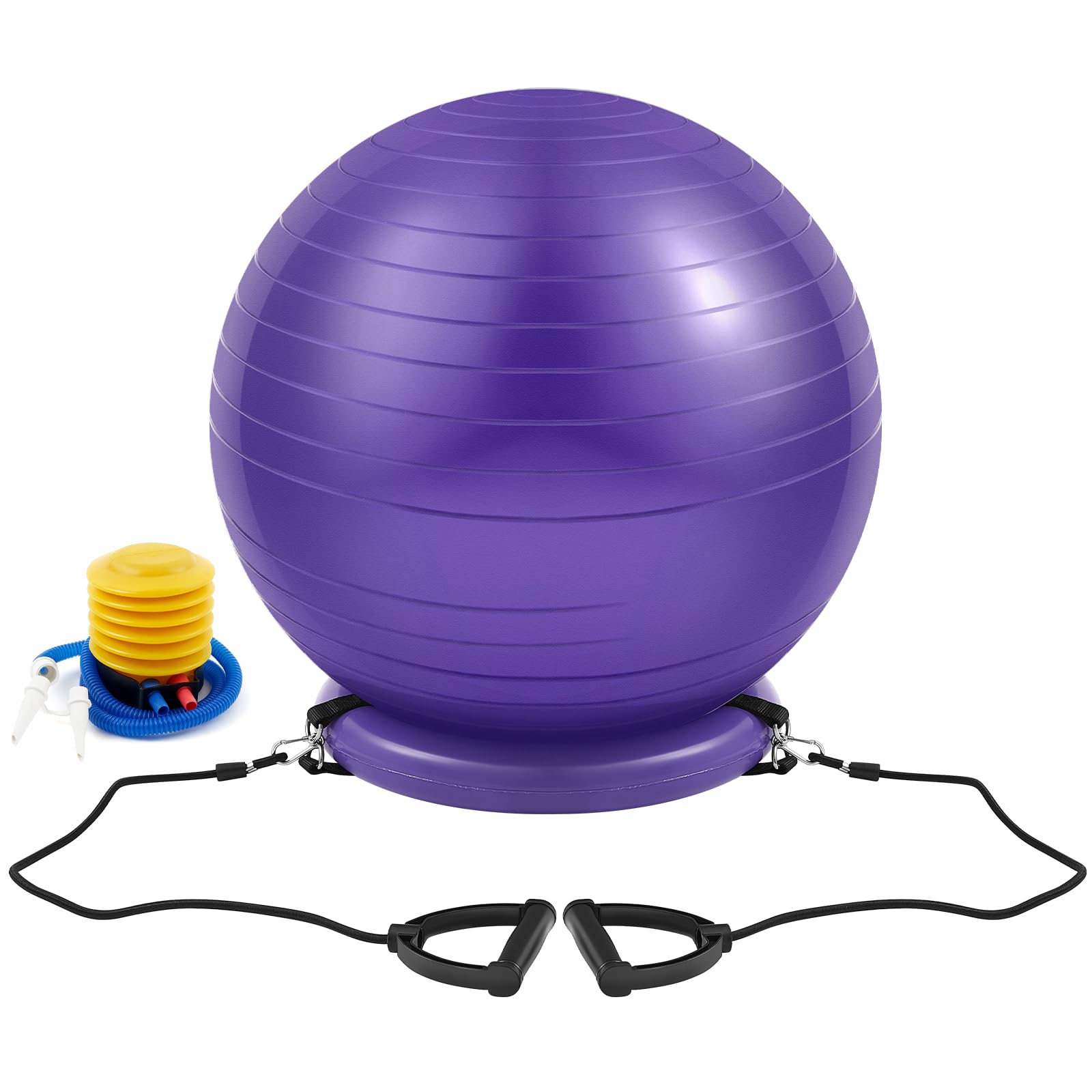65cm Yoga Ball Chair with Inflatable Stability Base & Resistance Bands - Large Exercise Stability Ball for Home Workout, Office Desk Sitting, Gym Fitness - Relieves Back Pain & Improves Balance - Includes Air Pump - Perfect for Home Office, Yoga Practice & Core Strength Training