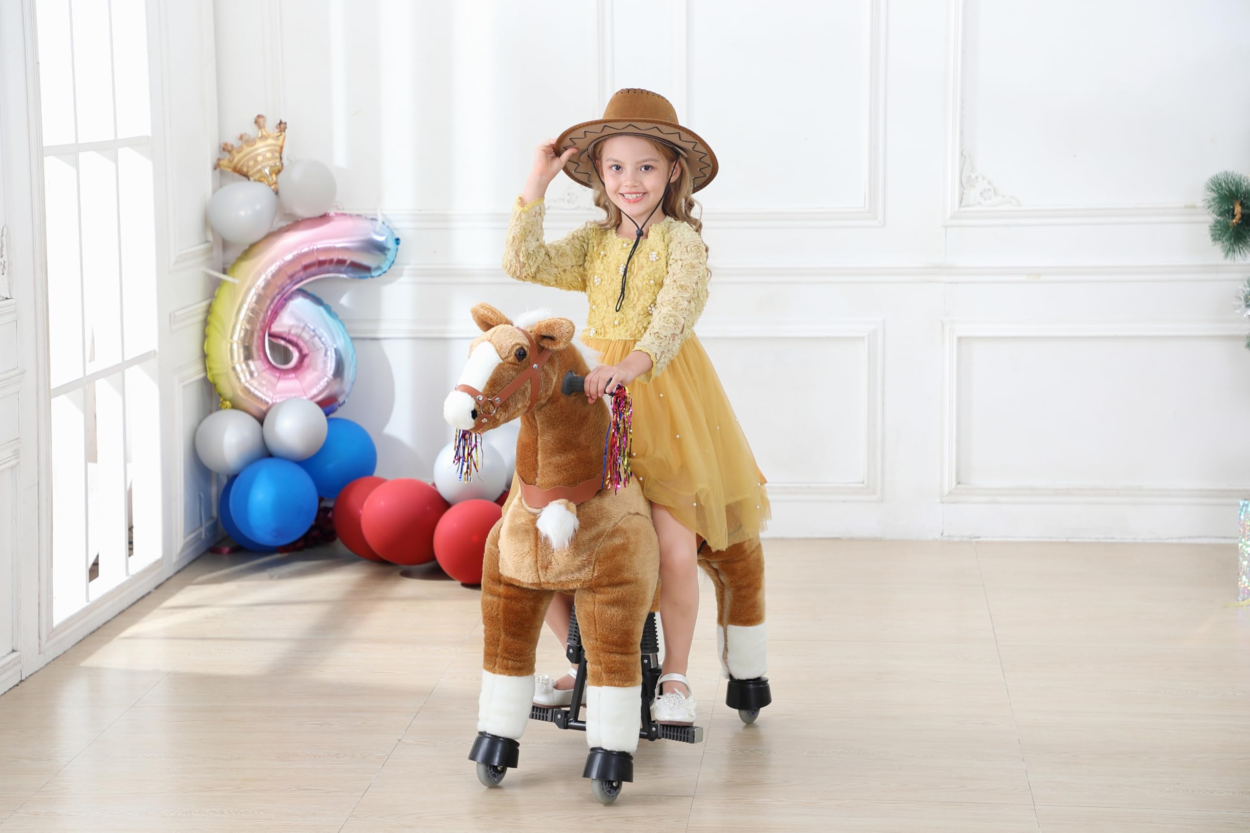 Premium Plush Ride-On Horse Toy for Kids Ages 6-14 | Walking Horse with Wheels | Brown Stuffed Animal Toy (31.5