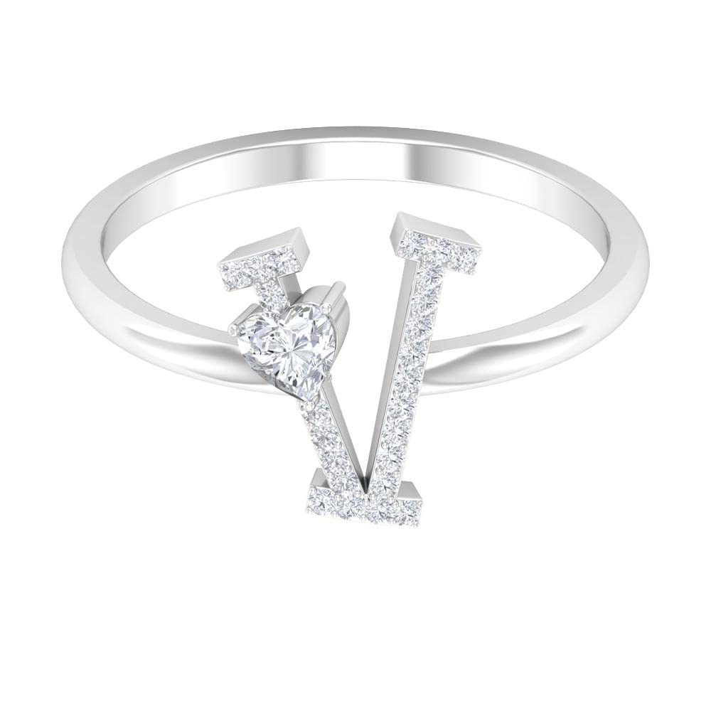 14K White Gold Diamond Initial Rings for Women - Personalized A to Z Letter Rings with Heart Design | Elegant Jewelry Gift for Birthday, Anniversary & Valentine's Day