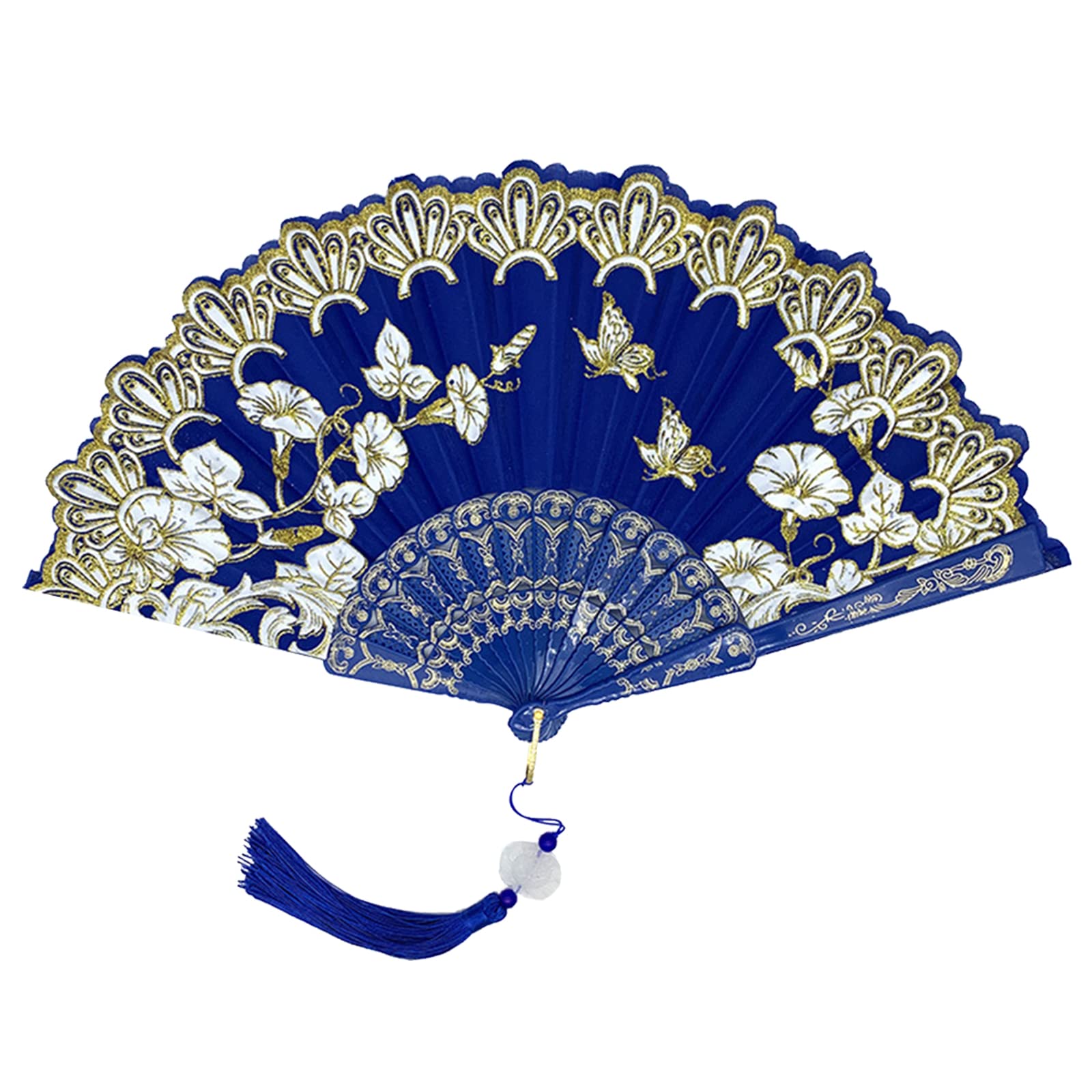 Ocouly Blue Lace Silk Folding Hand Fan - Elegant Japanese Style Wedding Fan for Women | Lightweight Durable Chinese Handheld Fan with Plastic Bones (15x8 Inch) | Perfect for Weddings, Cosplay, Summer Cooling & Home Decor