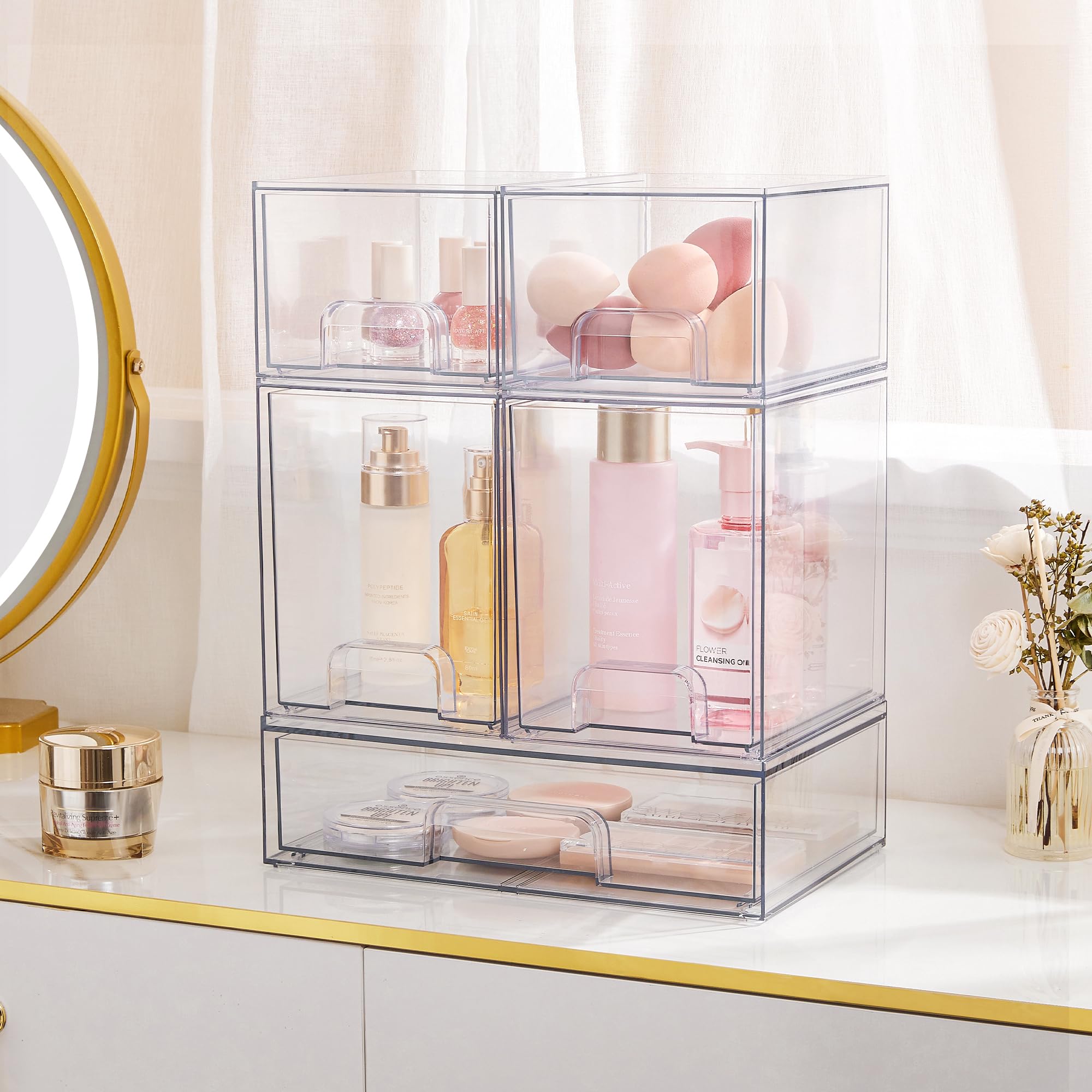 Vtopmart 5-Piece Clear Plastic Stackable Storage Drawers Set - Organizer Bins for Beauty Supplies, Makeup, Cosmetics | Perfect for Vanity, Bathroom, Cabinet, Pantry & Closet Organization (Space-Saving Home & Office Storage Solution)