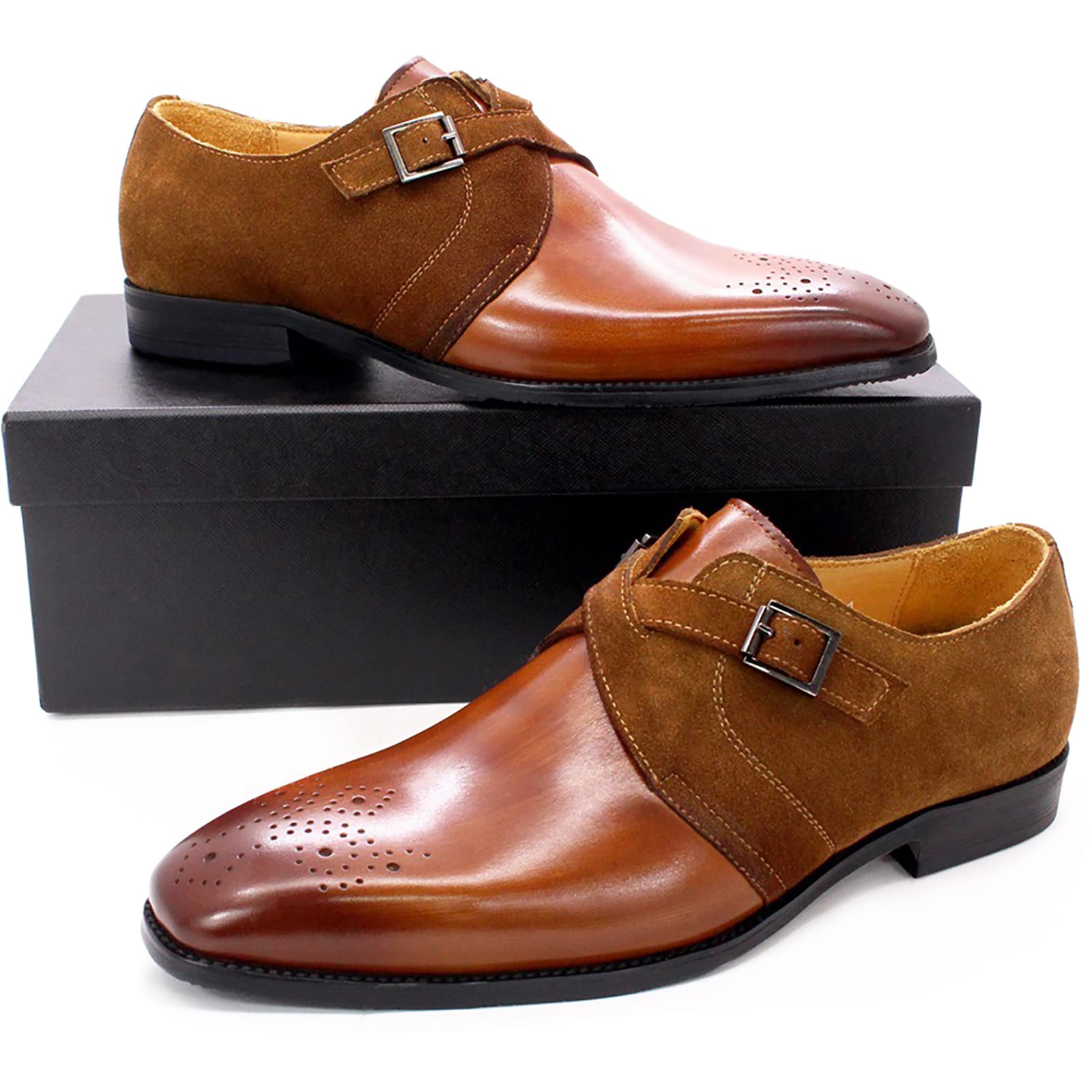 Men's Oxford Dress Shoes - Buckle Slip On Monk Strap Leather Shoes | Non-Slip Brogues for Wedding & Office | Brown Size 39 | Classic Formal & Business Attire
