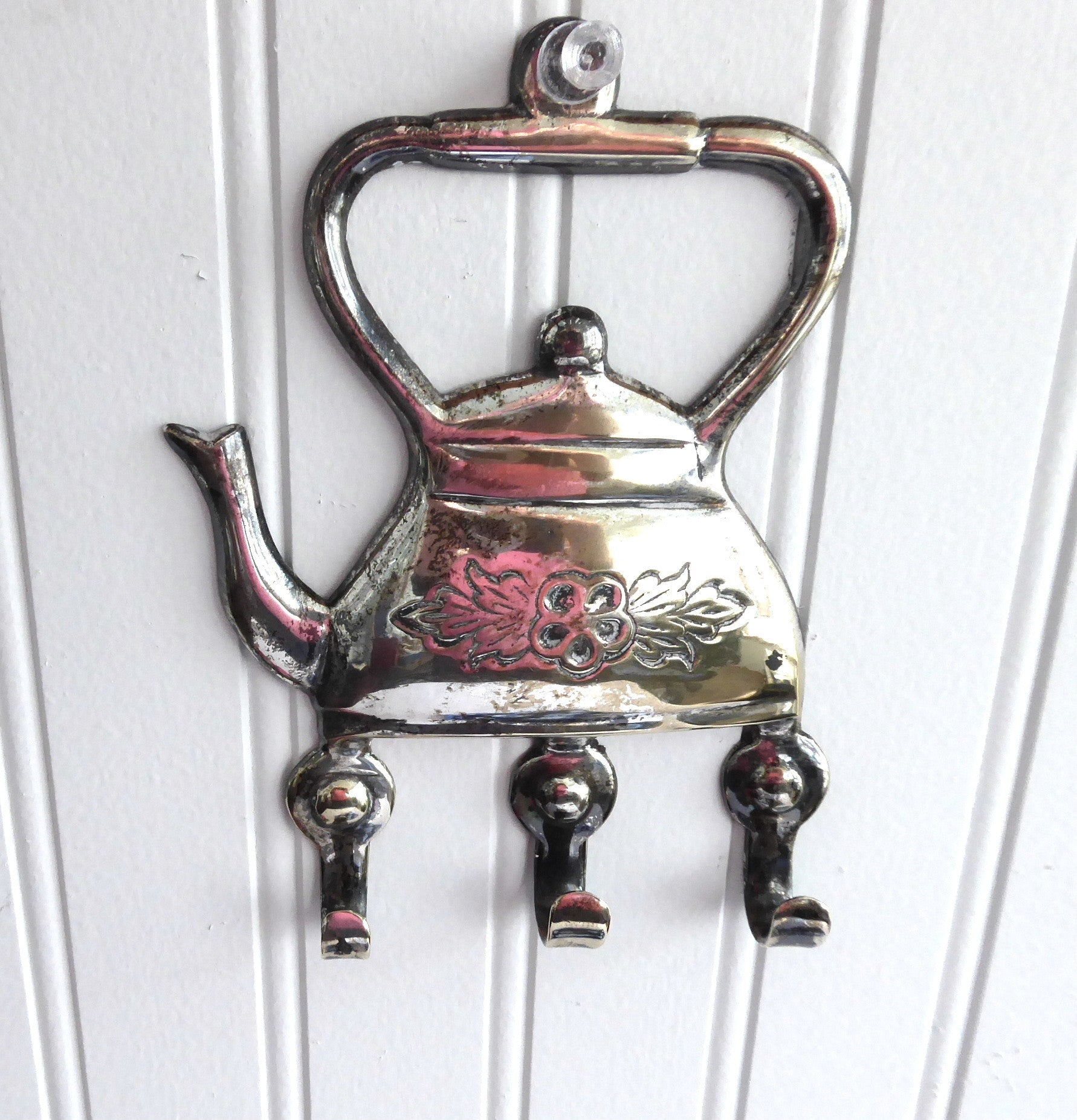 Antique English Silver Plate Tea Kettle Wall Hook - Vintage Kitchen Decor for Tea Lovers - Perfect for Hanging Potholders, Towels or Tea Accessories in Country Cottage, Farmhouse or Victorian Style Homes