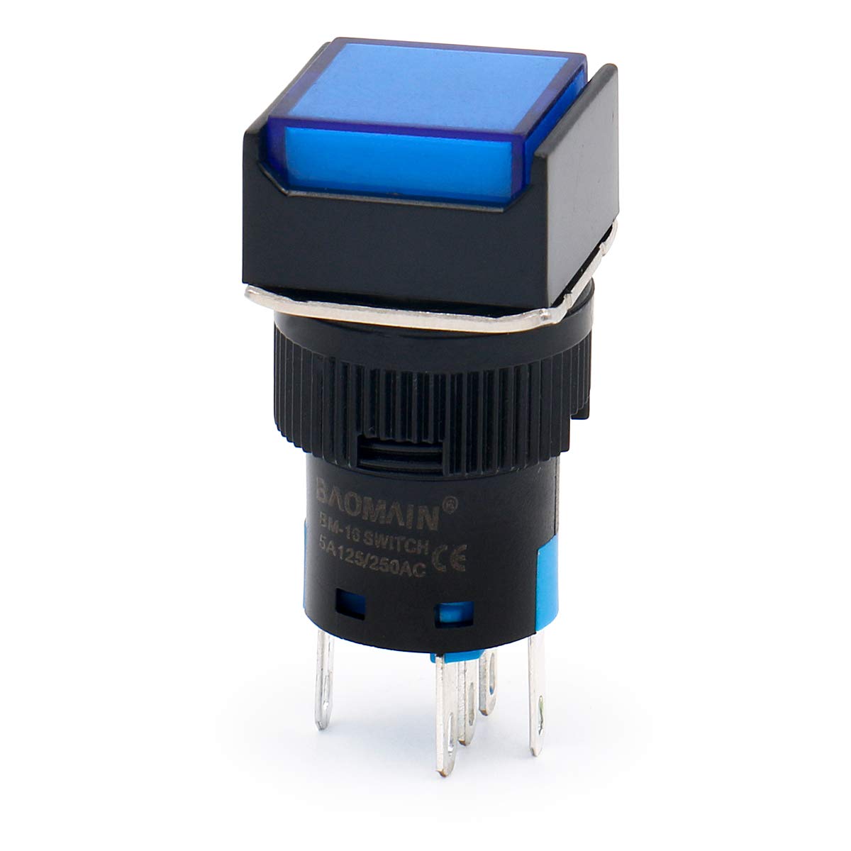 Baomain 16mm Momentary Push Button Switch with Blue LED Light - SPDT 5 Pin, 12V DC (5 Pack) - Perfect for Control Panels, DIY Electronics, and Industrial Equipment