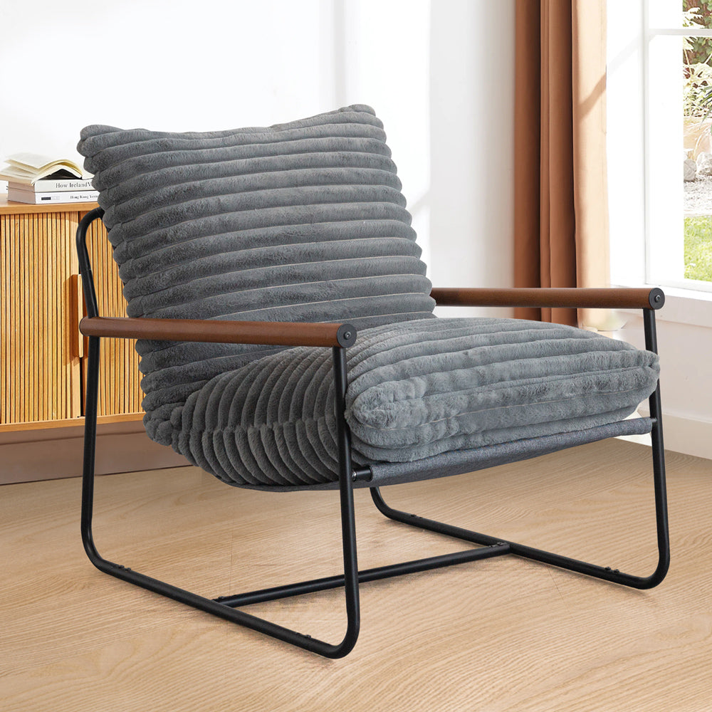 MAXYOYO Grey Striped Faux Fur Accent Chair with Wooden Arms & Metal Frame - Stylish Living Room Seating for Home, Office, or Lounge