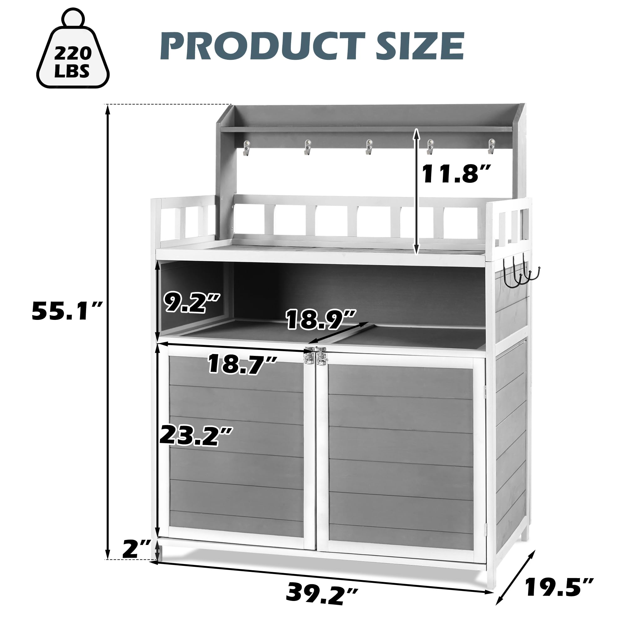 GRAVFORCE Outdoor Potting Bench with Storage Cabinet & Double Doors - Heavy Duty Gardening Table for Planting, Potting & Organizing - Perfect for Porch, Backyard, Patio & Greenhouse Use (Grey)